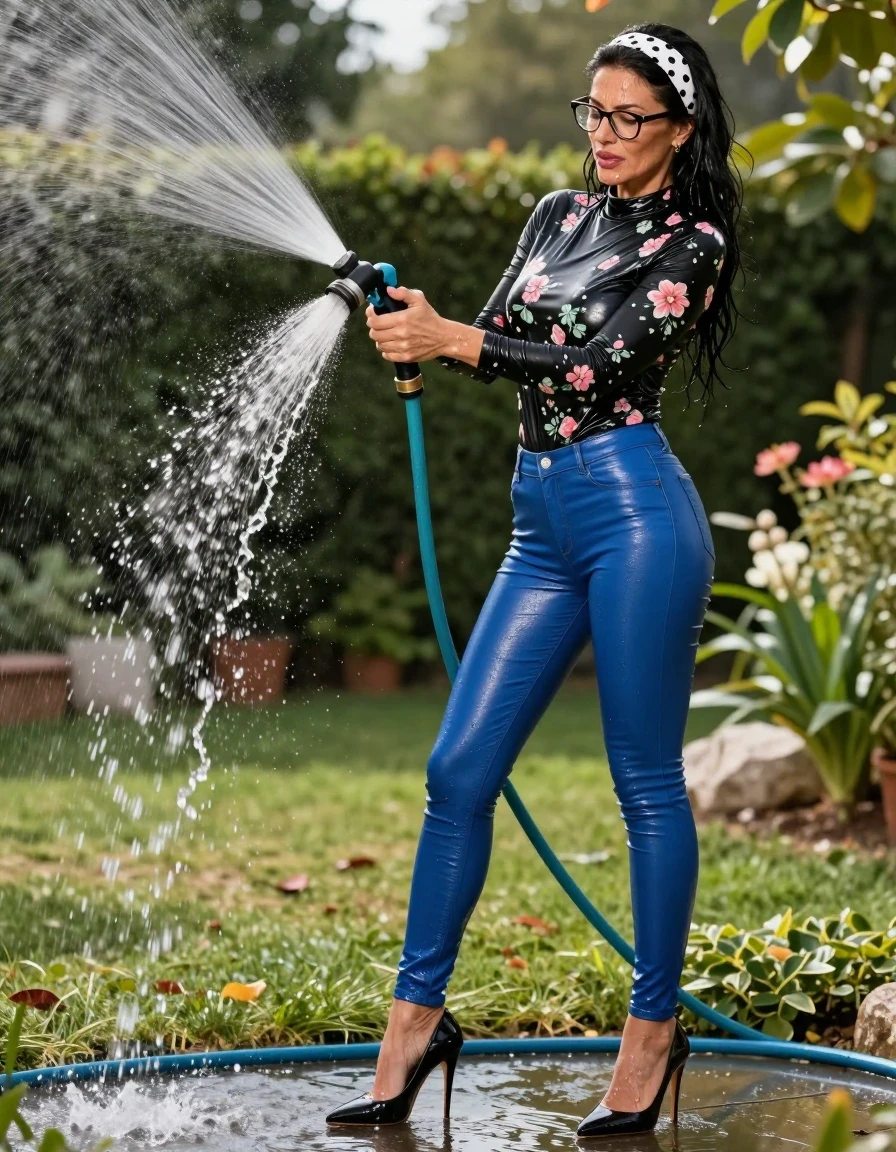 photo of young woman, in soaking wet, drenched clothes,
high-heeled shoes, maxi shiny blue tight leather jeans, shiny high-neck black floral t-shirt with long sleeves, pouring water with the hose on, in sunny garden, 
enjoying, wet clothes stuck to body,
detailed textures of the wet clothes, wet face, wet plastered hair,
wet, drenched, professional, high-quality details, full body view.
sharp focus, ultra-high pixel detail, realistic, high-quality, full colors, incredibly detailed, 4k, 8k, 16k, hyper-realistic, RAW photo, masterpiece, ultra-detailed, professionally color graded, professional photograph, european brunette skinny woman 50 years old, long dark black hair, white polka-dot headband, office glasses, very big and thick lips, complete body, wet skin, wet clothes, damp fabric, wet skin, wet clothes, damp fabric, wet skin, wet clothes, damp fabric, wet skin, wet clothes, damp fabric, wet skin, wet clothes, damp fabric, wet skin, wet clothes, damp fabric, wet skin, wet clothes, damp fabric