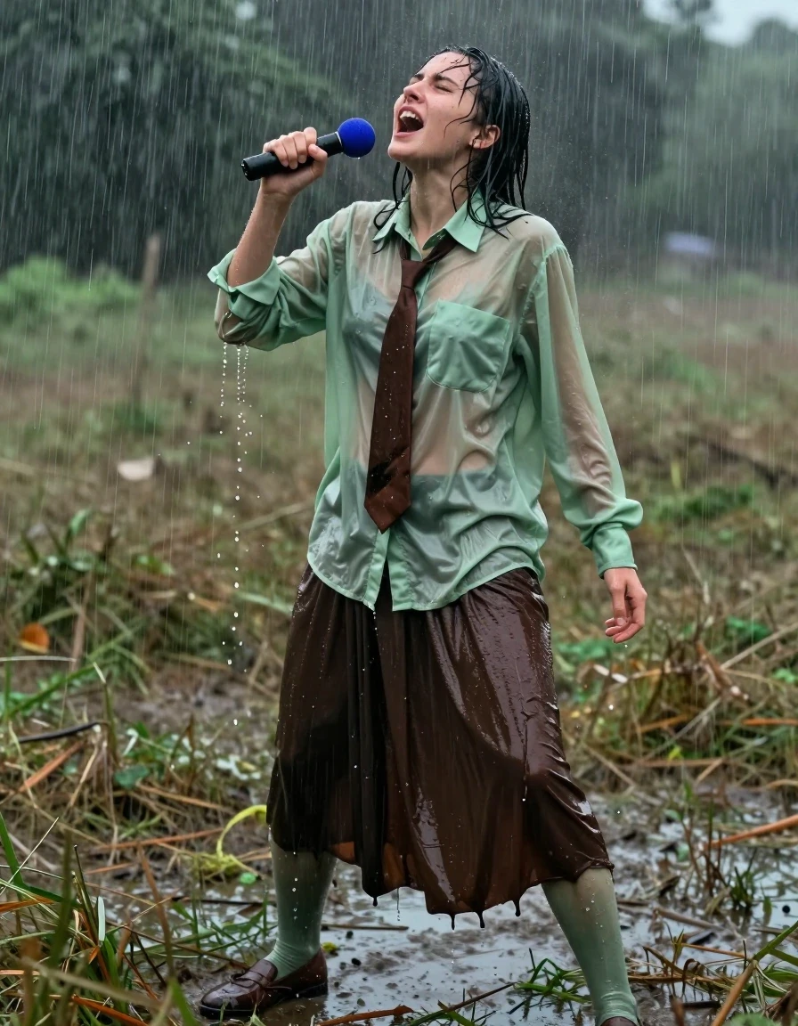 A young adult European woman in an empty field during a heavy rainstorm, caught in the throes of an intense orgasm while using a vibrator. Her skin is glistening with rain, hair damp and plastered to her face, with a visible sheen of water over her body. She wears an oversized light green long-sleeved shirt that is soaked through, clinging to her frame with heavy, dark, water-saturated fabric folds, paired with a brown necktie. She is wearing a dark brown floor-length skirt that is dripping wet, heavy with moisture, and clinging to her legs, underneath which are light green stockings that are translucent and saturated with rainwater. She is wearing brown court shoes that are dark and glistening from the mud and rain. The scene captures the raw emotion of the moment, with rain streaking through the air and splashing off her wet clothing. Photorealistic, cinematic lighting, 8k resolution, high-contrast wet textures, hyper-detailed fabric saturation, atmospheric storm environment.
