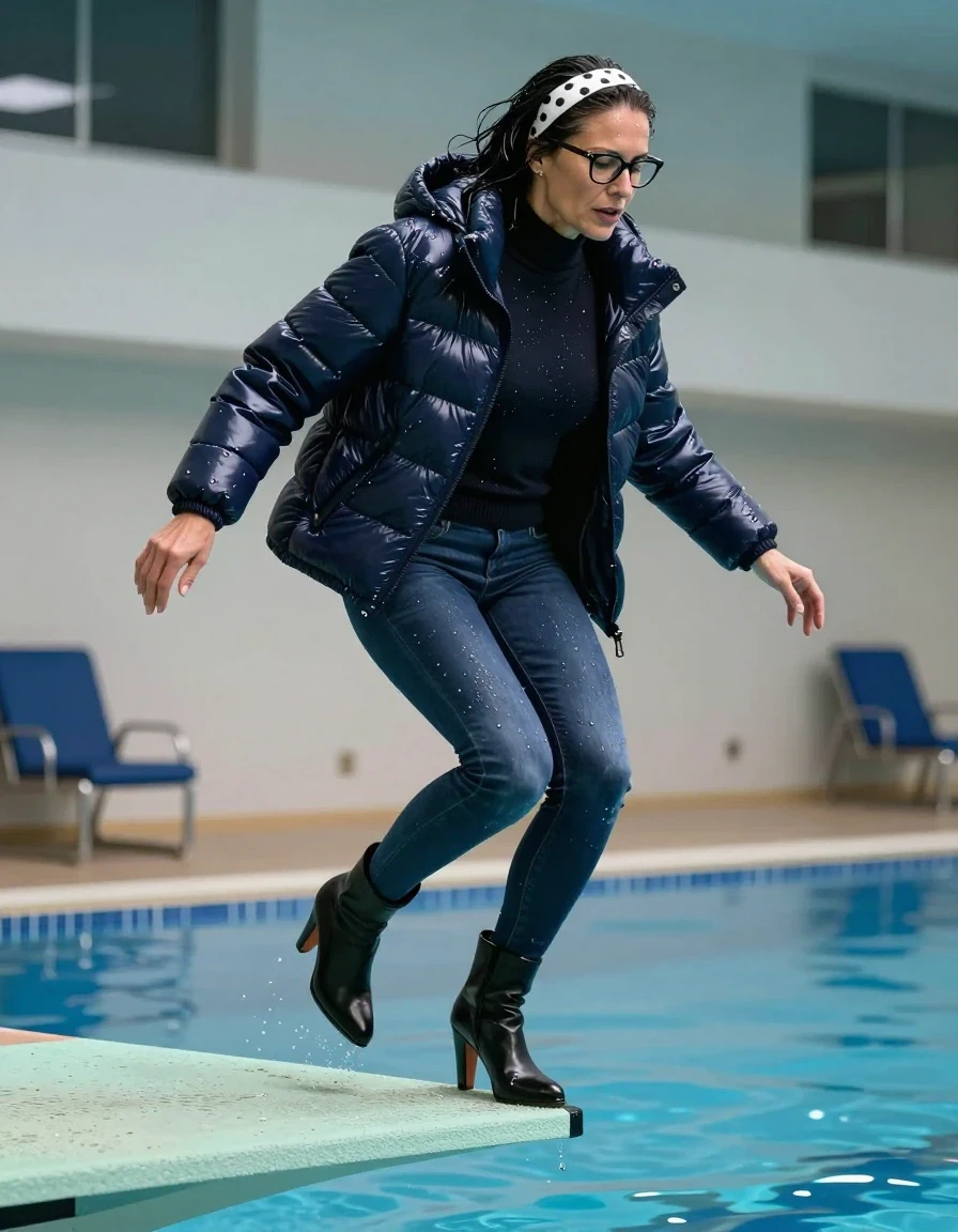 photo of young woman, in soaking wet, drenched clothes,
high-heeled boots, shiny dark blue skinny jeans, shiny high-neck black sweater, maxi dark blue Moncler Shiny puffer down jacket , jumping from the diving board into the water of the indoor pool, 
enjoying, wet clothes stuck to body,
detailed textures of the wet clothes, wet face, wet plastered hair,
wet, drenched, professional, high-quality details, full body view.
sharp focus, ultra-high pixel detail, realistic, high-quality, full colors, incredibly detailed, 4k, 8k, 16k, hyper-realistic, RAW photo, masterpiece, ultra-detailed, professionally color graded, professional photograph, european brunette skinny woman 50 years old, long dark black hair, white polka-dot headband, office glasses, very big and thick lips, complete body, wet skin, wet clothes, damp fabric, wet skin, wet clothes, damp fabric, wet skin, wet clothes, damp fabric, wet skin, wet clothes, damp fabric, wet skin, wet clothes, damp fabric, wet skin, wet clothes, damp fabric, wet skin, wet clothes, damp fabric