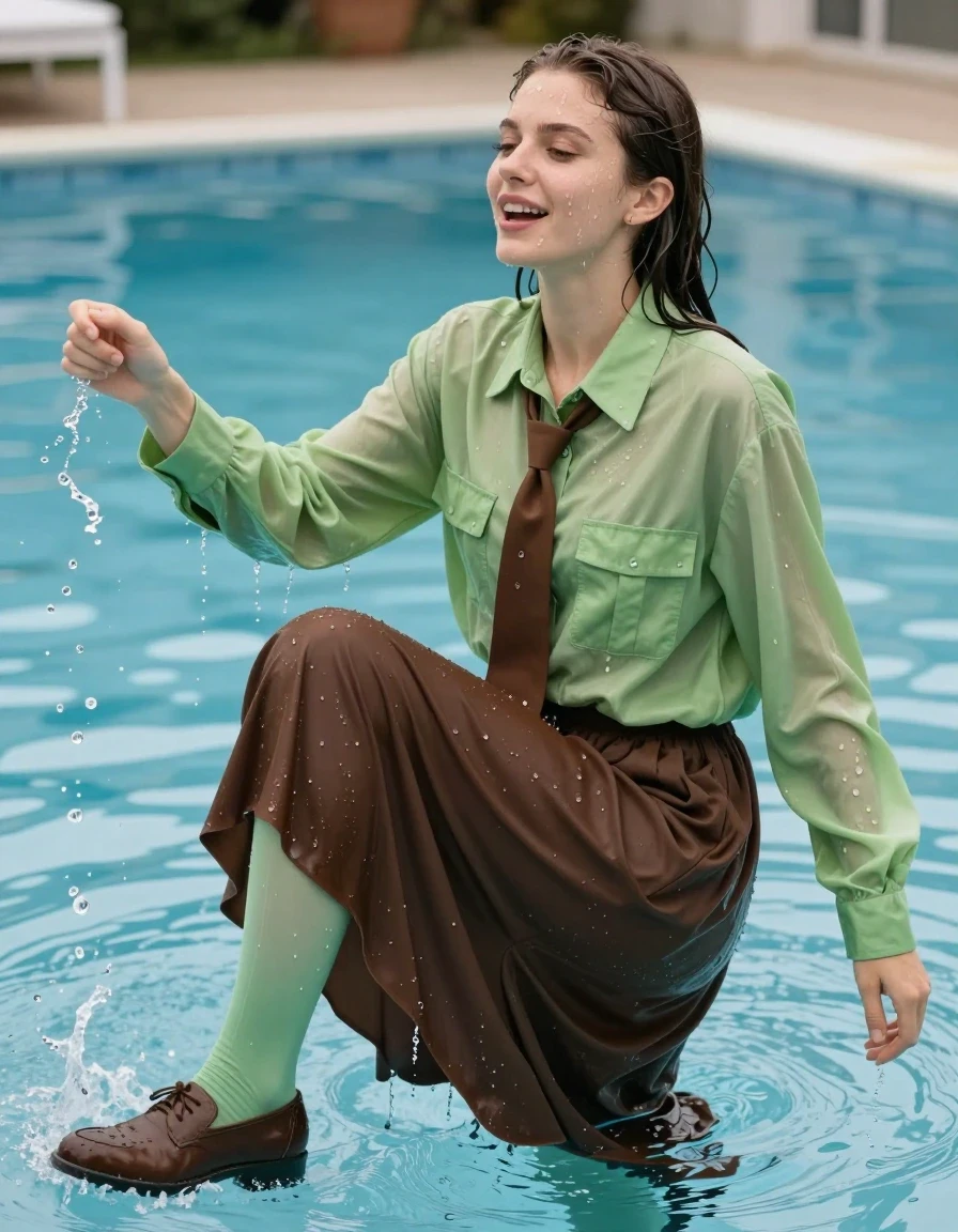 photo of young woman, in soaking wet, drenched clothes,
brown court shoes, dark brown floor-length skirt, light green stockings, oversized light green long-sleeved shirt, brown necktie, in a pool, 
enjoying, wet clothes stuck to body,
detailed textures of the wet clothes, wet face, wet plastered hair,
wet, drenched, professional, high-quality details, full body view.
sharp focus, ultra-high pixel detail, realistic, high-quality, full colors, incredibly detailed, 4k, 8k, 16k, hyper-realistic, RAW photo, masterpiece, ultra-detailed, professionally color graded, professional photograph, splashing water onto her clothes joyfully, wet skin, wet clothes, damp fabric