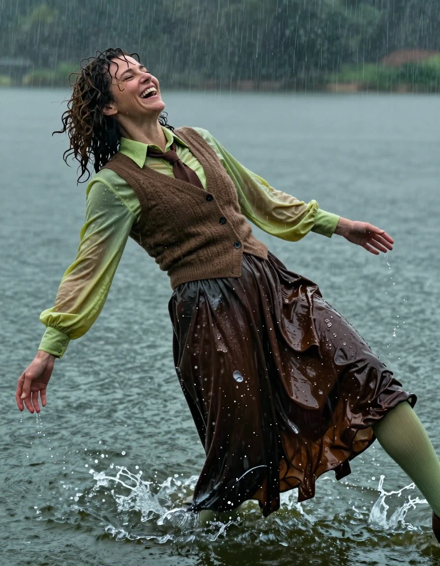 A photorealistic medium shot of a late-30s European woman with voluminous curly brunette hair, laughing in a blissful, post-orgasmic state while falling backward into a lake during a heavy rainstorm. Her skin is glistening with water, and her hair is matted and dripping. She is wearing a brown cashmere vest over an oversized light green long-sleeved shirt, with a brown necktie tied at her collar. Her lower body is clad in a dark brown floor-length skirt worn over light green stockings, with brown court shoes visible as she loses her balance. The clothing is heavily soaked, with the fabric clinging to her body, showing deep, saturated color shifts, heavy wet folds, and dark, translucent patches where the material is fully saturated with lake water. The rain creates a constant shimmer on her wet skin and the surface of the water, with dynamic water droplets and splashes surrounding her. The lighting is moody and overcast, reflecting the stormy sky, with high-contrast specular highlights on the wet fabric textures and facial features. Shot with a fast shutter speed to capture the motion of the fall, hyper-detailed skin texture, realistic damp fabric physics, cinematic atmosphere, 8k resolution, sharp focus on the subject.