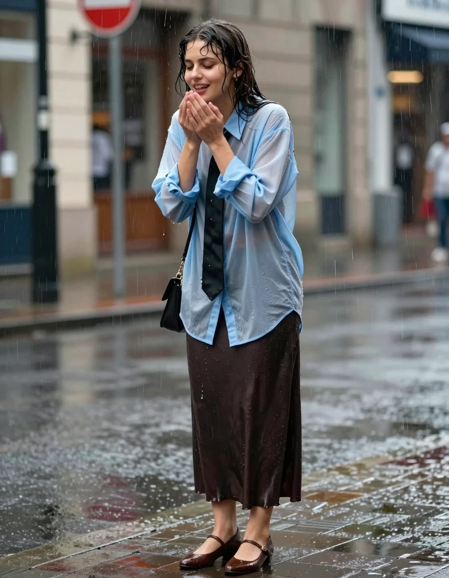 photo of young woman, in soaking wet, drenched clothes,
oversized light blue transparent long-sleeved shirt, black necktie, dark brown floor-length skirt, brown court shoes, street, 
enjoying, wet clothes stuck to body,
detailed textures of the wet clothes, wet face, wet plastered hair,
wet, drenched, professional, high-quality details, full body view.
sharp focus, ultra-high pixel detail, realistic, high-quality, full colors, incredibly detailed, 4k, 8k, 16k, hyper-realistic, RAW photo, masterpiece, ultra-detailed, professionally color graded, professional photograph, caught in a rainstorm, happy, wet skin, wet clothes, damp fabric