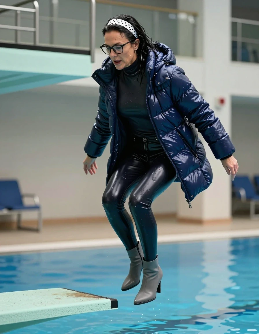 photo of young woman, in soaking wet, drenched clothes,
high-heeled gray boots, shiny dark black latex skinny jeans, shiny high-neck black sweater, maxi dark blue Shiny puffer latex down jacket , jumping from the diving board into the water of the indoor pool, 
enjoying, wet clothes stuck to body,
detailed textures of the wet clothes, wet face, wet plastered hair,
wet, drenched, professional, high-quality details, full body view.
sharp focus, ultra-high pixel detail, realistic, high-quality, full colors, incredibly detailed, 4k, 8k, 16k, hyper-realistic, RAW photo, masterpiece, ultra-detailed, professionally color graded, professional photograph, european brunette skinny woman 50 years old, long dark black hair, white polka-dot headband, office glasses, very big and thick lips, complete body, wet skin, wet clothes, damp fabric, wet skin, wet clothes, damp fabric, wet skin, wet clothes, damp fabric, wet skin, wet clothes, damp fabric, wet skin, wet clothes, damp fabric, wet skin, wet clothes, damp fabric, wet skin, wet clothes, damp fabric