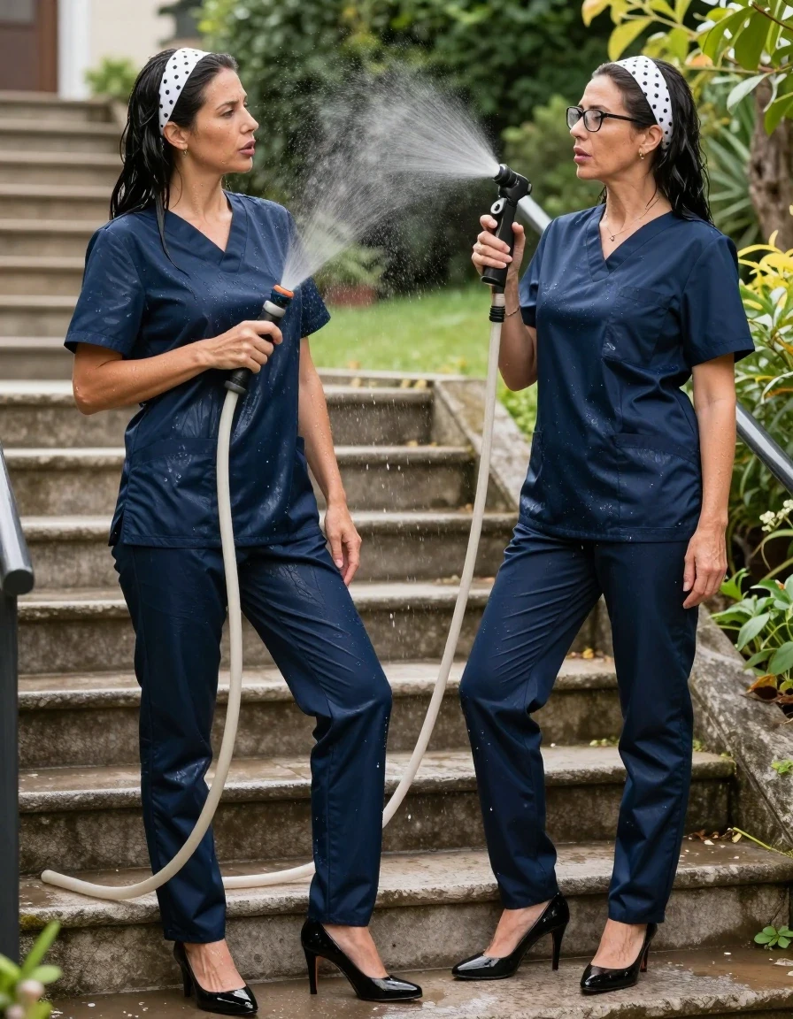 photo of young woman, in soaking wet, drenched clothes,
high-heeled shoes, dark blue shiny scrubs, black shiny scrubs, on the sunny garden stairs, spraying with the hose, after bath , 
enjoying, wet clothes stuck to body,
detailed textures of the wet clothes, wet face, wet plastered hair,
wet, drenched, professional, high-quality details, full body view.
sharp focus, ultra-high pixel detail, realistic, high-quality, full colors, incredibly detailed, 4k, 8k, 16k, hyper-realistic, RAW photo, masterpiece, ultra-detailed, professionally color graded, professional photograph, two europen brunette skinny twi sisters women 50 years old, long dark black hair, white polka-dot headband, office glasses, very big and thick lips, complete body, wet skin, wet clothes, damp fabric, wet skin, wet clothes, damp fabric, wet skin, wet clothes, damp fabric, wet skin, wet clothes, damp fabric, wet skin, wet clothes, damp fabric, wet skin, wet clothes, damp fabric, wet skin, wet clothes, damp fabric