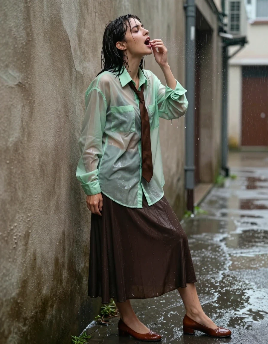 photo of young woman, in soaking wet, drenched clothes,
oversized light green transparent long-sleeved shirt, brown necktie, dark brown floor-length skirt, stockings, brown court shoes, alley, 
enjoying, wet clothes stuck to body,
detailed textures of the wet clothes, wet face, wet plastered hair,
wet, drenched, professional, high-quality details, full body view.
sharp focus, ultra-high pixel detail, realistic, high-quality, full colors, incredibly detailed, 4k, 8k, 16k, hyper-realistic, RAW photo, masterpiece, ultra-detailed, professionally color graded, professional photograph, caught in a rainstorm, leans onto a wall, has an orgasm from getting soaked, wet skin, wet clothes, damp fabric