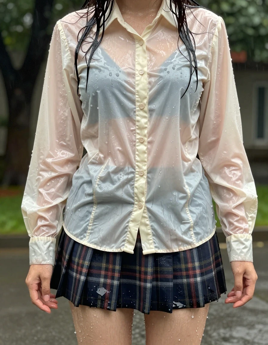 A photorealistic full-body shot of a young adult European woman standing outdoors, her appearance defined by soaking-wet skin and drenched hair that clings to her face and neck. She is wearing a cream-colored long-sleeve school shirt that is heavily water-saturated, causing the fabric to become translucent, cling to her body, and darken significantly with deep, heavy wet folds and visible texture. She wears a tartan skirt that is dripping wet, with the fabric darkened and weighted by water, clinging to her thighs. On her feet, she wears sodden, water-logged socks that are visibly damp and heavy. The lighting is bright and natural, highlighting the intense glossy specular reflections on the wet fabric and skin. The atmosphere is damp and rainy, with the clothing showing clear signs of being thoroughly drenched, with uneven saturation and heavy, clinging folds. High-resolution photographic quality, sharp focus on fabric texture and water sheen.