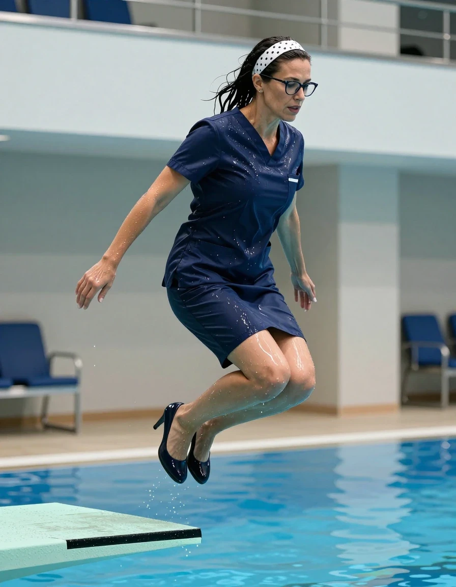 photo of young woman, in soaking wet, drenched clothes,
high-heeled shoes, dark blue shiny scrubs with skirt, dark blue shiny scrubs with skirt, jumping from the diving board into the water of the indoor pool, 
enjoying, wet clothes stuck to body,
detailed textures of the wet clothes, wet face, wet plastered hair,
wet, drenched, professional, high-quality details, full body view.
sharp focus, ultra-high pixel detail, realistic, high-quality, full colors, incredibly detailed, 4k, 8k, 16k, hyper-realistic, RAW photo, masterpiece, ultra-detailed, professionally color graded, professional photograph, europen brunette skinny woman 50 years old, long dark black hair, white polka-dot headband, office glasses, very big and thick lips, complete body, wet skin, wet clothes, damp fabric, wet skin, wet clothes, damp fabric, wet skin, wet clothes, damp fabric, wet skin, wet clothes, damp fabric, wet skin, wet clothes, damp fabric, wet skin, wet clothes, damp fabric, wet skin, wet clothes, damp fabric