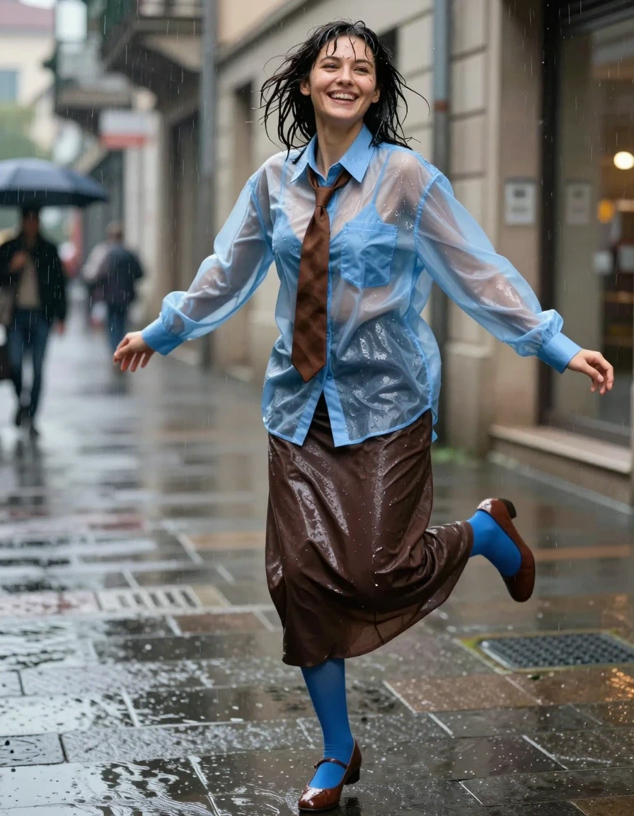 photo of young woman, in soaking wet, drenched clothes,
oversized light blue transparent long-sleeved shirt, brown necktie, dark brown floor-length skirt, blue stockings, brown court shoes, street, 
enjoying, wet clothes stuck to body,
detailed textures of the wet clothes, wet face, wet plastered hair,
wet, drenched, professional, high-quality details, full body view.
sharp focus, ultra-high pixel detail, realistic, high-quality, full colors, incredibly detailed, 4k, 8k, 16k, hyper-realistic, RAW photo, masterpiece, ultra-detailed, professionally color graded, professional photograph, caught in a rainstorm, happy, jumping around, wet skin, wet clothes, damp fabric