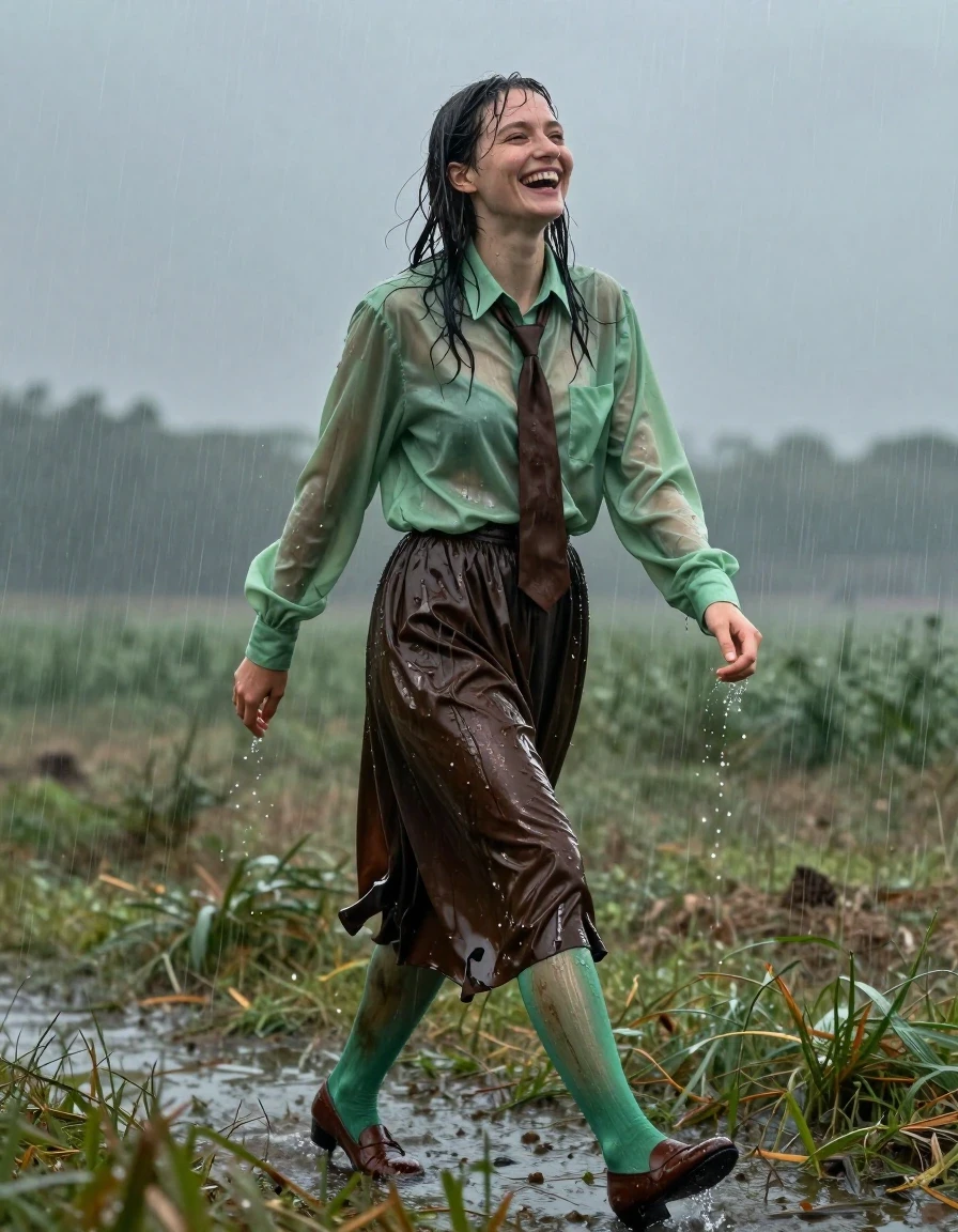 A photorealistic full-body shot of a young adult European woman with wet, rain-streaked hair and skin, walking through empty fields during a heavy rainstorm. She is wearing an oversized light green long-sleeved shirt and a brown necktie, both visibly soaked through with darker, heavy fabric clinging to her frame. She wears a dark brown floor-length skirt that is water-saturated, heavy with moisture, and clinging to her legs, layered over light green stockings that are translucent and darkened by the rain. She wears brown court shoes that are slick with water. She is captured mid-stride, laughing joyfully with her head tilted back, fully embracing the downpour. The environment features a moody, overcast sky with heavy rain streaks, blurred grassy fields, and a high-contrast atmosphere. The lighting is natural and diffuse, highlighting the glossy sheen of the rain on her skin and the deep, saturated textures of her wet clothing. Cinematic composition, 8k resolution, highly detailed textures, realistic water physics, sharp focus on the subject.