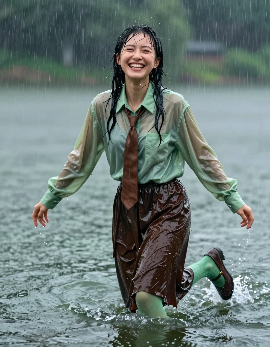 A photorealistic medium shot of a young adult European woman laughing joyfully while swimming in a lake during a heavy rainstorm. She is wearing an oversized light green long-sleeved shirt paired with a brown necktie, a dark brown floor-length skirt, light green stockings, and brown court shoes. Every garment is visibly soaked, with the fabric clinging to her skin, showing heavy wet folds, darkened tones, and deep saturation from water absorption. Her skin and hair are glistening with rain and lake water, featuring intense specular highlights and a realistic wet sheen. The scene captures the dynamic movement of swimming and the texture of damp, clinging fabric against her body. The atmosphere is filled with falling rain, with soft natural lighting reflecting off the water's surface and the wet textures of her attire. The composition is sharp and detailed, emphasizing the realistic interaction between the subject, her clothing, and the watery environment.
