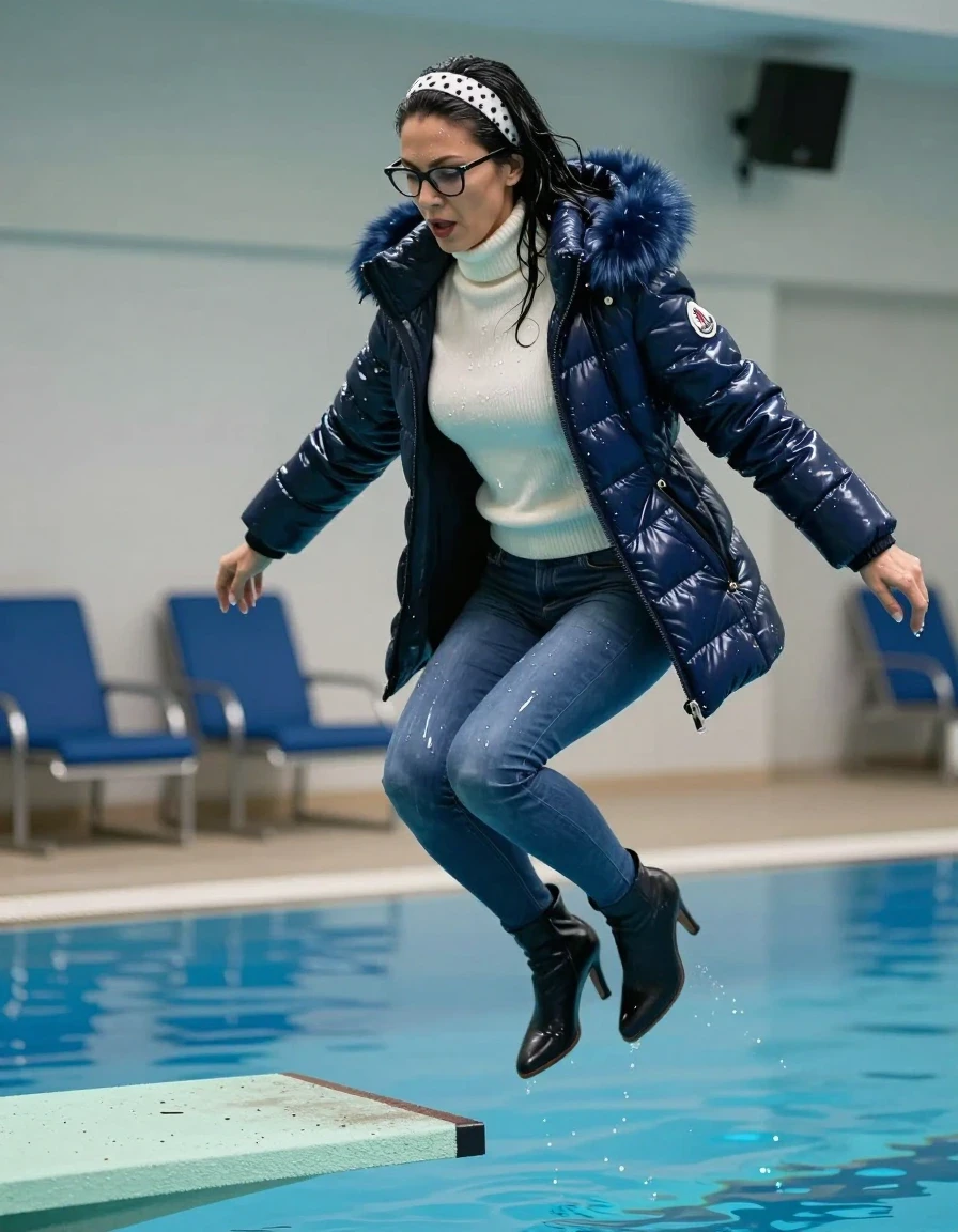 photo of young woman, in soaking wet, drenched clothes,
high-heeled boots, shiny blue skinny jeans, high-neck white sweater, maxi dark blue Moncler Shiny puffer down jacket with fur, jumping from the diving board into the water of the indoor pool, 
enjoying, wet clothes stuck to body,
detailed textures of the wet clothes, wet face, wet plastered hair,
wet, drenched, professional, high-quality details, full body view.
sharp focus, ultra-high pixel detail, realistic, high-quality, full colors, incredibly detailed, 4k, 8k, 16k, hyper-realistic, RAW photo, masterpiece, ultra-detailed, professionally color graded, professional photograph, european brunette skinny woman 50 years old, long dark black hair, white polka-dot headband, office glasses, very big and thick lips, complete body, wet skin, wet clothes, damp fabric, wet skin, wet clothes, damp fabric, wet skin, wet clothes, damp fabric, wet skin, wet clothes, damp fabric, wet skin, wet clothes, damp fabric, wet skin, wet clothes, damp fabric, wet skin, wet clothes, damp fabric