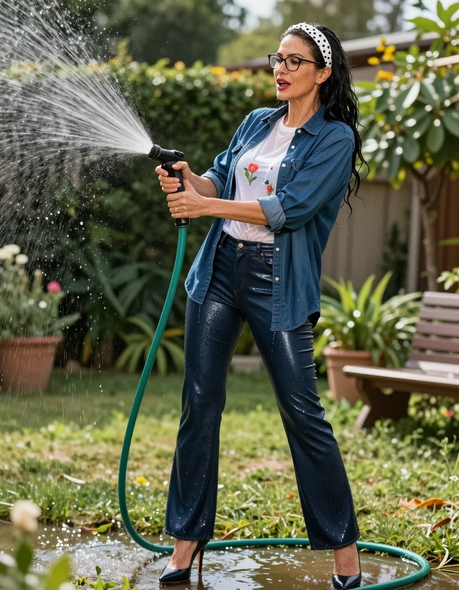 photo of young woman, in soaking wet, drenched clothes,
high-heeled shoes, maxi shiny dark blue leather jeans, shiny high-neck white floral t-shirt with long sleeves, maxi dark blue denim shirt, pouring water with the hose on, in sunny garden, 
enjoying, wet clothes stuck to body,
detailed textures of the wet clothes, wet face, wet plastered hair,
wet, drenched, professional, high-quality details, full body view.
sharp focus, ultra-high pixel detail, realistic, high-quality, full colors, incredibly detailed, 4k, 8k, 16k, hyper-realistic, RAW photo, masterpiece, ultra-detailed, professionally color graded, professional photograph, european brunette skinny woman 50 years old, long dark black hair, white polka-dot headband, office glasses, very big and thick lips, complete body, wet skin, wet clothes, damp fabric, wet skin, wet clothes, damp fabric, wet skin, wet clothes, damp fabric, wet skin, wet clothes, damp fabric, wet skin, wet clothes, damp fabric, wet skin, wet clothes, damp fabric, wet skin, wet clothes, damp fabric