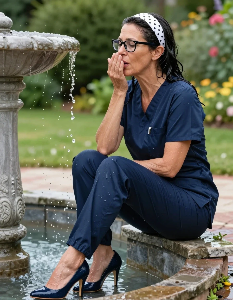 photo of young woman, in soaking wet, drenched clothes,
high-heeled shoes, dark blue shiny scrubs, dark blue shiny scrubs, sitting in the water fountain in the sunny garden, after bath , 
enjoying, wet clothes stuck to body,
detailed textures of the wet clothes, wet face, wet plastered hair,
wet, drenched, professional, high-quality details, full body view.
sharp focus, ultra-high pixel detail, realistic, high-quality, full colors, incredibly detailed, 4k, 8k, 16k, hyper-realistic, RAW photo, masterpiece, ultra-detailed, professionally color graded, professional photograph, europen brunette skinny woman 50 years old, long dark black hair, white polka-dot headband, office glasses, very big and thick lips, complete body, wet skin, wet clothes, damp fabric, wet skin, wet clothes, damp fabric, wet skin, wet clothes, damp fabric, wet skin, wet clothes, damp fabric, wet skin, wet clothes, damp fabric, wet skin, wet clothes, damp fabric, wet skin, wet clothes, damp fabric