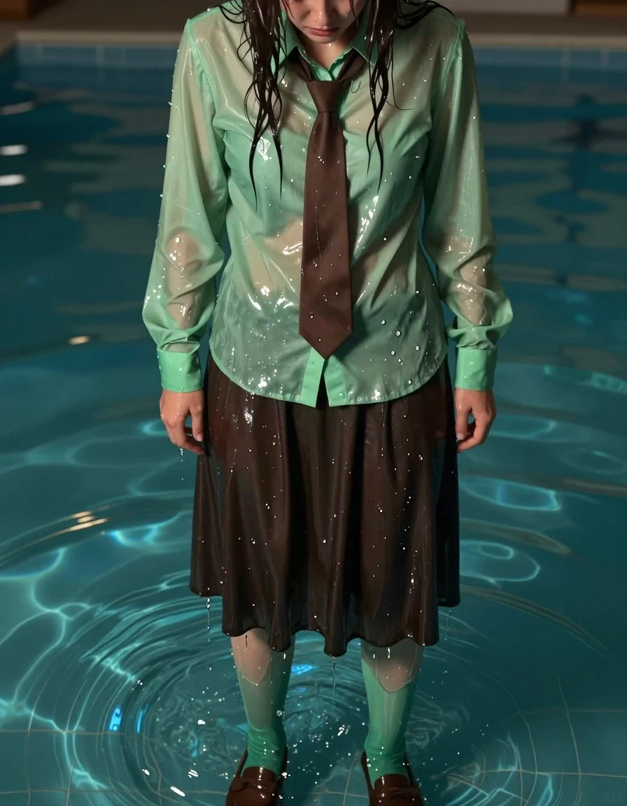 A photorealistic full-body shot of a young adult European woman standing in a pool, visibly humiliated and defeated. She is wearing an oversized light green long-sleeved shirt, soaked and clinging to her torso, with a sodden brown necktie hanging around her collar. Her legs are clad in light green stockings that are translucent and dripping wet, visible beneath a dark brown floor-length skirt that is completely saturated, heavy with water, and clinging to her legs in deep, dark folds. On her feet are brown court shoes, submerged and glistening with water sheen. The water level reaches her waist, with her hair and skin glistening with realistic wetness and water droplets. The fabric of her clothes is darkened by the water, showing deep color saturation and heavy, clinging textures. The lighting is harsh and dramatic, highlighting the wet sheen on her skin and the heavy, dripping fabric. High-resolution, cinematic photography, realistic textures, intense atmosphere.