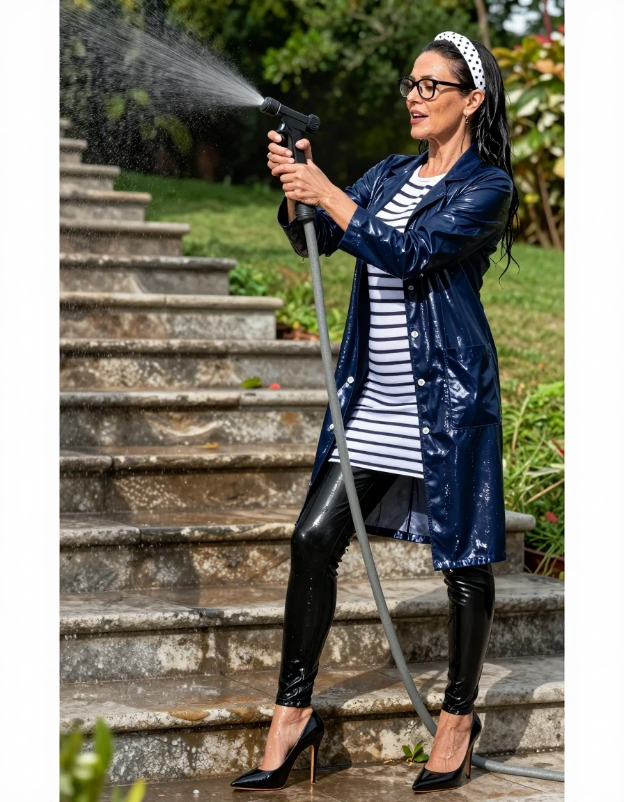 photo of young woman, in soaking wet, drenched clothes,
high-heeled shoes, long black latex tight jeans, long shiny white & black striped t-shirt dress with long sleeves, dark blue shiny labcoat, on the sunny garden stairs, spraying his clothes with the hose, after bath , 
enjoying, wet clothes stuck to body,
detailed textures of the wet clothes, wet face, wet plastered hair,
wet, drenched, professional, high-quality details, full body view.
sharp focus, ultra-high pixel detail, realistic, high-quality, full colors, incredibly detailed, 4k, 8k, 16k, hyper-realistic, RAW photo, masterpiece, ultra-detailed, professionally color graded, professional photograph, europen brunette skinny woman 50 years old, long dark black hair, white polka-dot headband, office glasses, very big and thick lips, complete body, wet skin, wet clothes, damp fabric, wet skin, wet clothes, damp fabric, wet skin, wet clothes, damp fabric, wet skin, wet clothes, damp fabric, wet skin, wet clothes, damp fabric, wet skin, wet clothes, damp fabric, wet skin, wet clothes, damp fabric