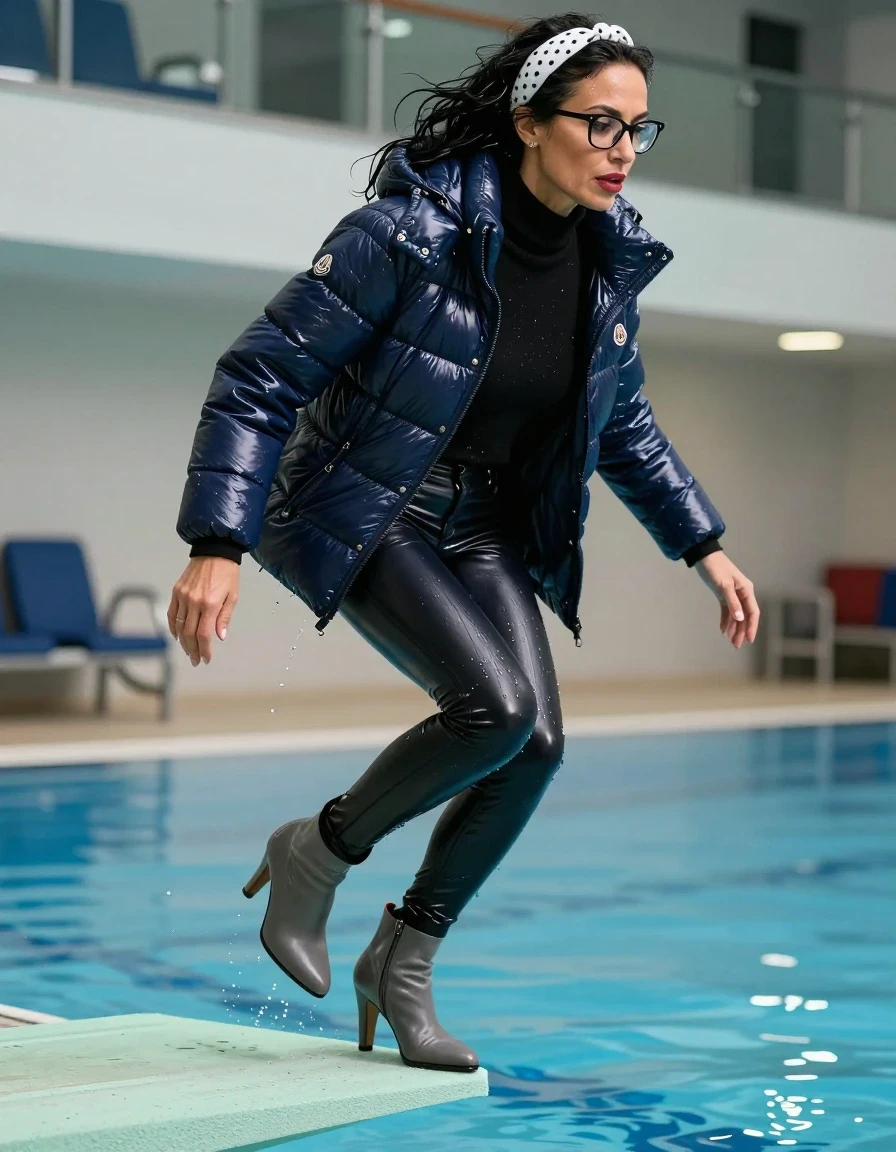 photo of young woman, in soaking wet, drenched clothes,
high-heeled gray boots, shiny dark black latex skinny jeans, shiny high-neck black sweater, maxi dark blue Moncler Shiny puffer down jacket , jumping from the diving board into the water of the indoor pool, 
enjoying, wet clothes stuck to body,
detailed textures of the wet clothes, wet face, wet plastered hair,
wet, drenched, professional, high-quality details, full body view.
sharp focus, ultra-high pixel detail, realistic, high-quality, full colors, incredibly detailed, 4k, 8k, 16k, hyper-realistic, RAW photo, masterpiece, ultra-detailed, professionally color graded, professional photograph, european brunette skinny woman 50 years old, long dark black hair, white polka-dot headband, office glasses, very big and thick lips, complete body, wet skin, wet clothes, damp fabric, wet skin, wet clothes, damp fabric, wet skin, wet clothes, damp fabric, wet skin, wet clothes, damp fabric, wet skin, wet clothes, damp fabric, wet skin, wet clothes, damp fabric, wet skin, wet clothes, damp fabric