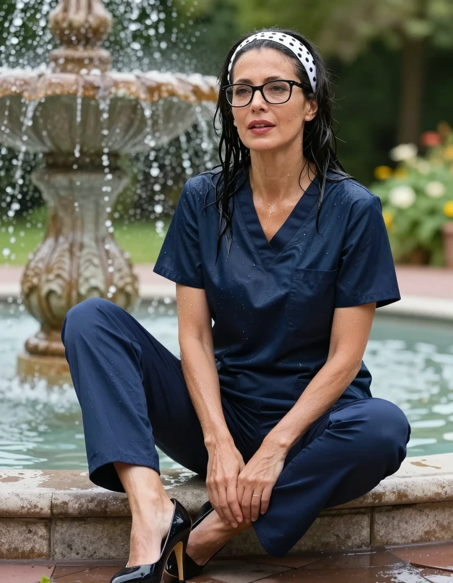 photo of young woman, in soaking wet, drenched clothes,
high-heeled shoes, dark blue shiny scrubs, dark blue shiny scrubs, sitting in the sunny garden fountain, after bath , 
enjoying, wet clothes stuck to body,
detailed textures of the wet clothes, wet face, wet plastered hair,
wet, drenched, professional, high-quality details, full body view.
sharp focus, ultra-high pixel detail, realistic, high-quality, full colors, incredibly detailed, 4k, 8k, 16k, hyper-realistic, RAW photo, masterpiece, ultra-detailed, professionally color graded, professional photograph, europen brunette skinny woman 50 years old, long dark black hair, white polka-dot headband, office glasses, very big and thick lips, complete body, wet skin, wet clothes, damp fabric, wet skin, wet clothes, damp fabric, wet skin, wet clothes, damp fabric, wet skin, wet clothes, damp fabric, wet skin, wet clothes, damp fabric, wet skin, wet clothes, damp fabric, wet skin, wet clothes, damp fabric