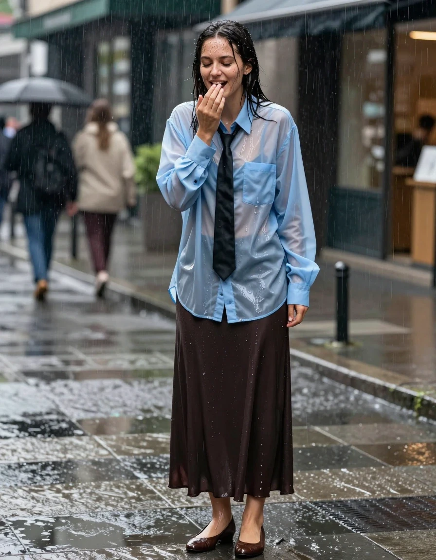 photo of young woman, in soaking wet, drenched clothes,
oversized light blue transparent long-sleeved shirt, black necktie, dark brown floor-length skirt, brown court shoes, street, 
enjoying, wet clothes stuck to body,
detailed textures of the wet clothes, wet face, wet plastered hair,
wet, drenched, professional, high-quality details, full body view.
sharp focus, ultra-high pixel detail, realistic, high-quality, full colors, incredibly detailed, 4k, 8k, 16k, hyper-realistic, RAW photo, masterpiece, ultra-detailed, professionally color graded, professional photograph, caught in a rainstorm, happy, wet skin, wet clothes, damp fabric