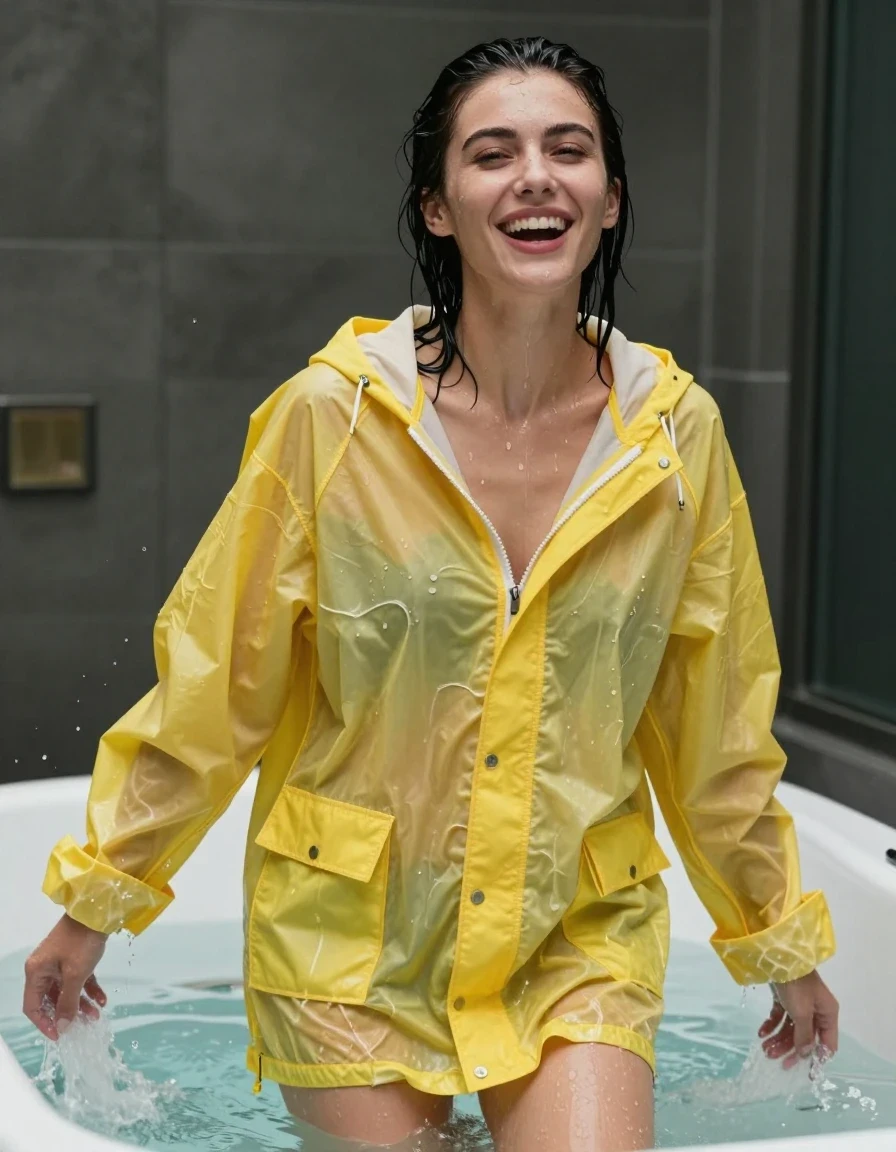 photo of young woman, in soaking wet, drenched clothes,
No socks , No underwear , Bright yellow see  through Oversized ultra light weight rainjacket zipped up. , In the over flowing bath tub soaking wet  emerging from beneath the water. , 
enjoying, wet clothes stuck to body,
detailed textures of the wet clothes, wet face, wet plastered hair,
wet, drenched, professional, high-quality details, full body view.
sharp focus, ultra-high pixel detail, realistic, high-quality, full colors, incredibly detailed, 4k, 8k, 16k, hyper-realistic, RAW photo, masterpiece, ultra-detailed, professionally color graded, professional photograph, Her black  hair is soaking wet and dripping with water. Her hair slicked back.  Her clothes are soaking wet and cling to her nude form. She's very aroused and happy, wet skin, wet clothes, damp fabric, wet skin, wet clothes, damp fabric
