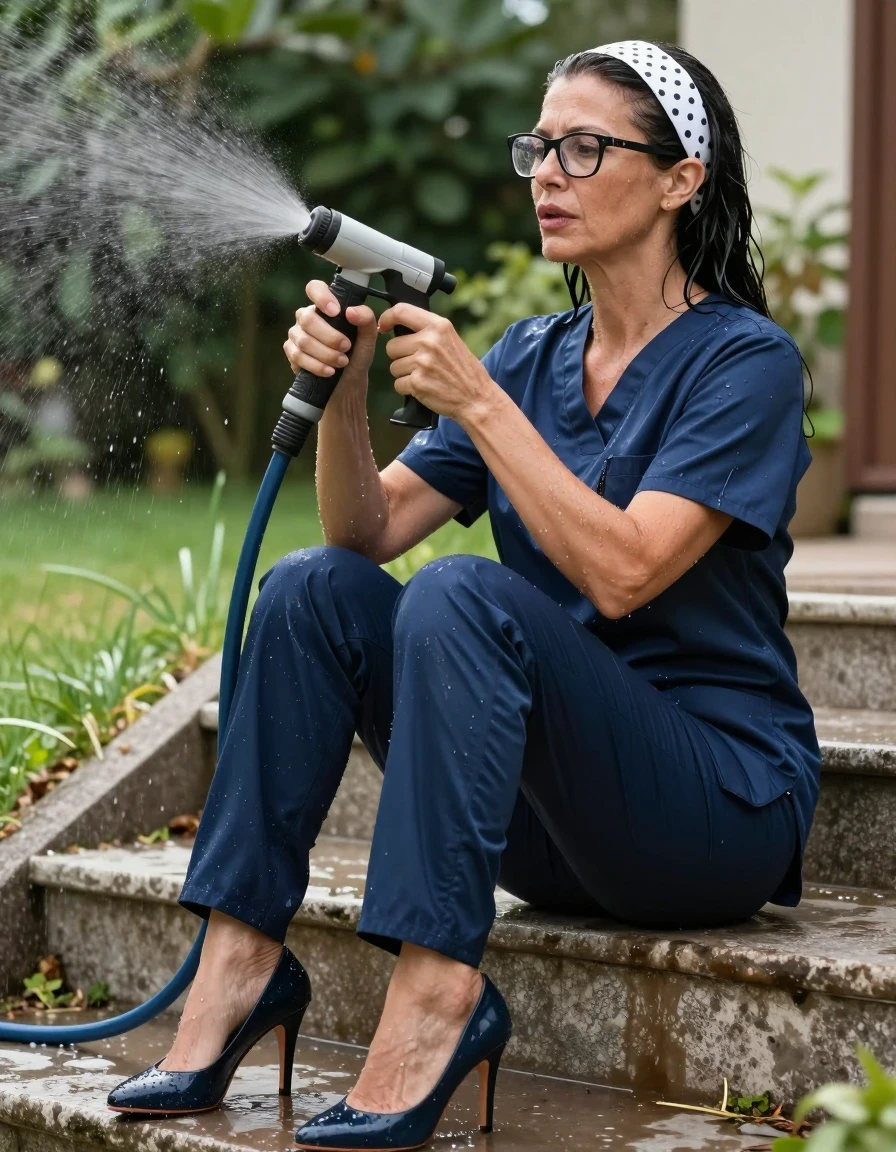 photo of young woman, in soaking wet, drenched clothes,
high-heeled shoes, dark blue shiny scrubs, dark blue shiny scrubs, sitting on the sunny garden stairs, spraying with the hose, after bath , 
enjoying, wet clothes stuck to body,
detailed textures of the wet clothes, wet face, wet plastered hair,
wet, drenched, professional, high-quality details, full body view.
sharp focus, ultra-high pixel detail, realistic, high-quality, full colors, incredibly detailed, 4k, 8k, 16k, hyper-realistic, RAW photo, masterpiece, ultra-detailed, professionally color graded, professional photograph, europen brunette skinny woman 50 years old, long dark black hair, white polka-dot headband, office glasses, very big and thick lips, complete body, wet skin, wet clothes, damp fabric, wet skin, wet clothes, damp fabric, wet skin, wet clothes, damp fabric, wet skin, wet clothes, damp fabric, wet skin, wet clothes, damp fabric, wet skin, wet clothes, damp fabric, wet skin, wet clothes, damp fabric