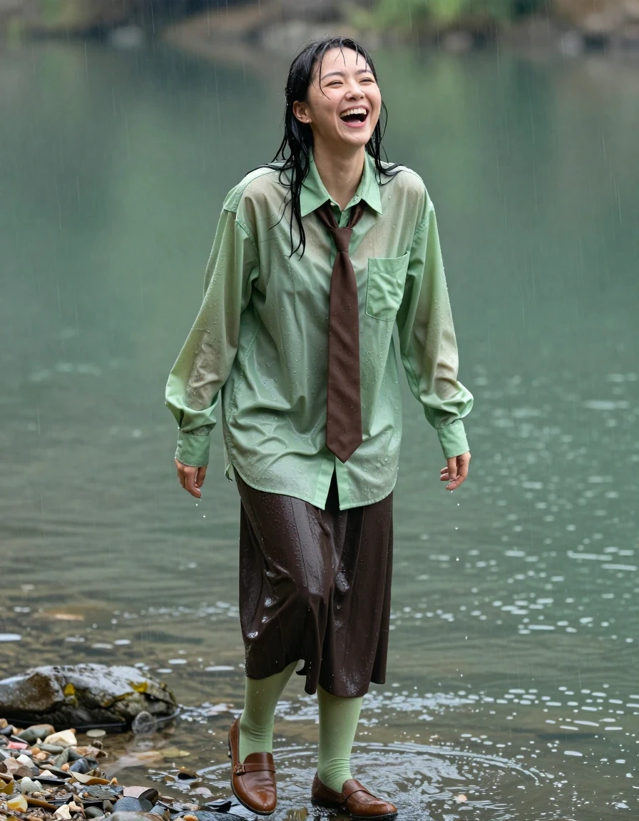 photo of young woman, in soaking wet, drenched clothes,
brown court shoes, dark brown floor-length skirt, light green stockings, oversized light green long-sleeved shirt, brown necktie, in a lake, 
enjoying, wet clothes stuck to body,
detailed textures of the wet clothes, wet face, wet plastered hair,
wet, drenched, professional, high-quality details, full body view.
sharp focus, ultra-high pixel detail, realistic, high-quality, full colors, incredibly detailed, 4k, 8k, 16k, hyper-realistic, RAW photo, masterpiece, ultra-detailed, professionally color graded, professional photograph, swimming, laughing joyfully, enjoying the rain, wet skin, wet clothes, damp fabric, wet skin, wet clothes, damp fabric