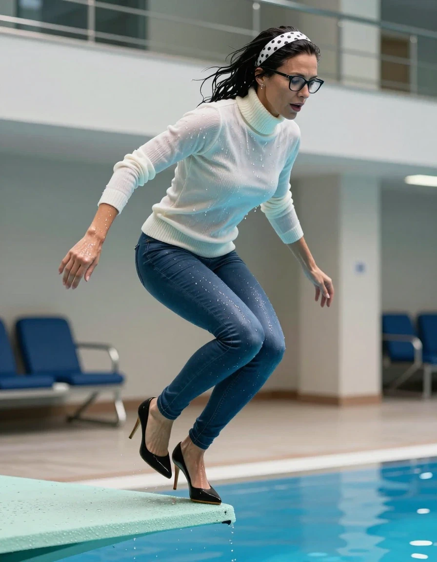 photo of young woman, in soaking wet, drenched clothes,
high-heeled shoes, shiny blue skinny jeans, high-neck white sweater, jumping from the diving board into the water of the indoor pool, 
enjoying, wet clothes stuck to body,
detailed textures of the wet clothes, wet face, wet plastered hair,
wet, drenched, professional, high-quality details, full body view.
sharp focus, ultra-high pixel detail, realistic, high-quality, full colors, incredibly detailed, 4k, 8k, 16k, hyper-realistic, RAW photo, masterpiece, ultra-detailed, professionally color graded, professional photograph, european brunette skinny woman 50 years old, long dark black hair, white polka-dot headband, office glasses, very big and thick lips, complete body, wet skin, wet clothes, damp fabric, wet skin, wet clothes, damp fabric, wet skin, wet clothes, damp fabric, wet skin, wet clothes, damp fabric, wet skin, wet clothes, damp fabric, wet skin, wet clothes, damp fabric, wet skin, wet clothes, damp fabric