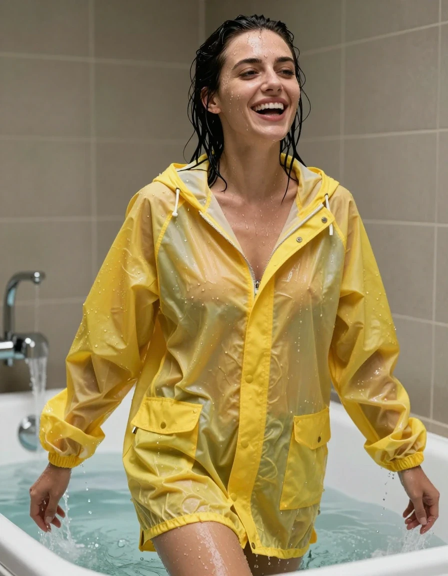 photo of young woman, in soaking wet, drenched clothes,
No socks , No underwear , Bright yellow see  through Oversized ultra light weight rainjacket zipped up. , In the over flowing bath tub soaking wet  emerging from beneath the water. , 
enjoying, wet clothes stuck to body,
detailed textures of the wet clothes, wet face, wet plastered hair,
wet, drenched, professional, high-quality details, full body view.
sharp focus, ultra-high pixel detail, realistic, high-quality, full colors, incredibly detailed, 4k, 8k, 16k, hyper-realistic, RAW photo, masterpiece, ultra-detailed, professionally color graded, professional photograph, Her black  hair is soaking wet and dripping with water. Her hair slicked back.  Her clothes are soaking wet and cling to her nude form. She's very aroused and happy, wet skin, wet clothes, damp fabric, wet skin, wet clothes, damp fabric