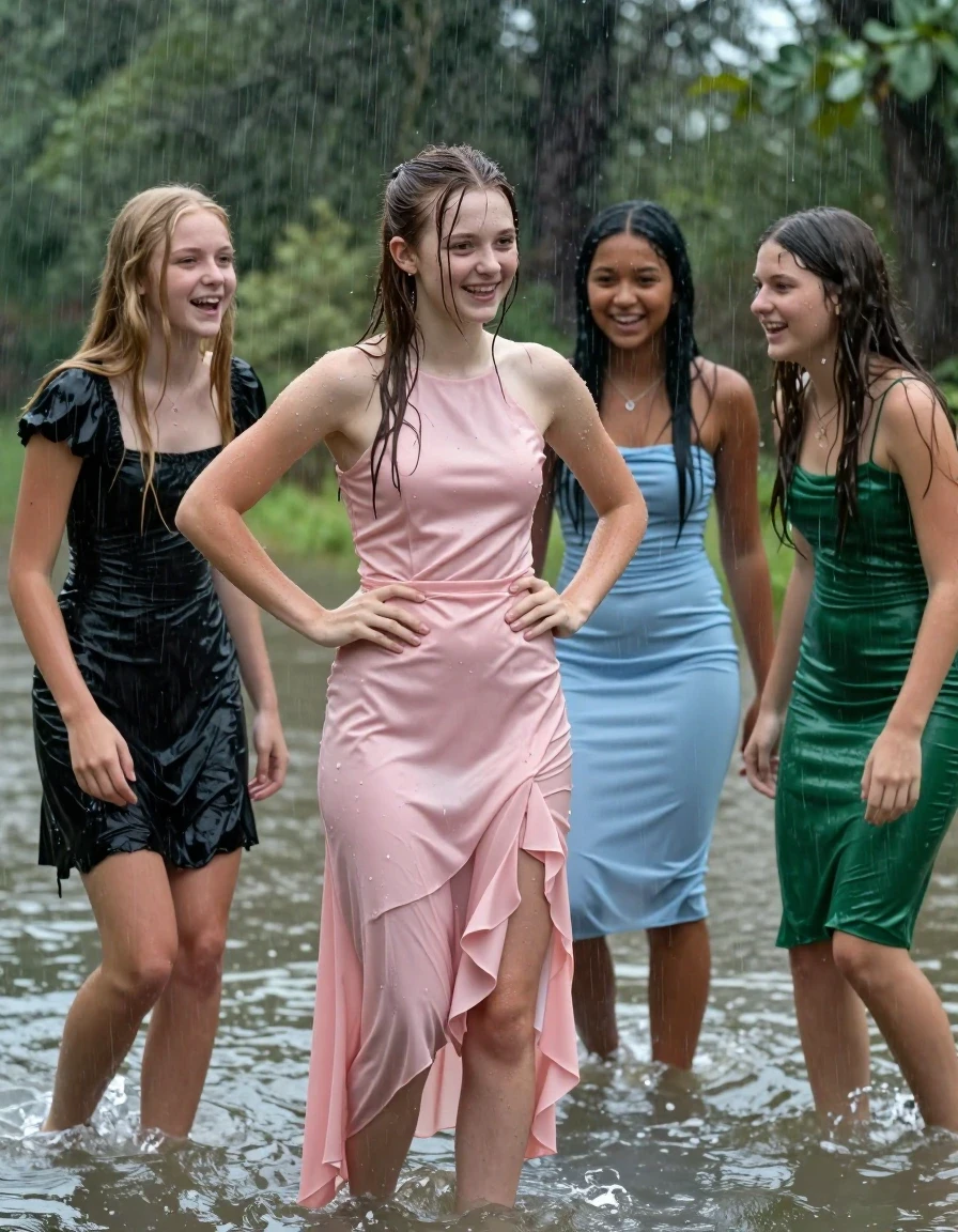 photo of young woman, in soaking wet, drenched clothes,
, , dress, 4.college girls playing in a flooded forest in the heavy rain , 
enjoying, wet clothes stuck to body,
detailed textures of the wet clothes, wet face, wet plastered hair,
wet, drenched, professional, high-quality details, full body view.
sharp focus, ultra-high pixel detail, realistic, high-quality, full colors, incredibly detailed, 4k, 8k, 16k, hyper-realistic, RAW photo, masterpiece, ultra-detailed, professionally color graded, professional photograph, Small young college girls both having fun together. All a similar age, a small nineteen year old girl, with a flat and slim body, skinny body, flat and skinny chest, a She has a wide square young face but a small very skinny waist and skinny legs, a very small chest and very small breasts, she is a pale brunette with ponytail and bangs, She has a small body, She is full of youthful energy. wearing a pink formal satin cocktail dress with a high neckline. she has her hands on her hips,. Her friend has blonde hair and is quite skinny, ,a wide square face, she is wearing a fit black short sleeve coctail dress. The third girl is 19, with a tan complexion and dark black hair, she is wearing a pale blue straight strapless tube dress. The 4th girl is brunette with a small body and thin legs, she is wearing a green prom dress, all of them except the blonde girl have very small breasts. wet skin, wet clothes, damp fabric,, wet skin, wet clothes, damp fabric, wet skin, wet clothes, damp fabric, wet skin, wet clothes, damp fabric, wet skin, wet clothes, damp fabric, wet skin, wet clothes, damp fabric, wet skin, wet clothes, damp fabric, wet skin, wet clothes, damp fabric