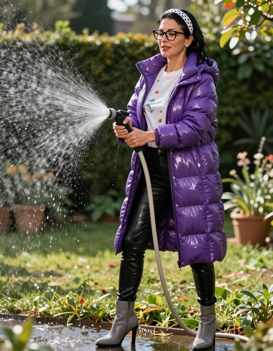 photo of young woman, in soaking wet, drenched clothes,
high-heeled gray boots, shiny black leather jeans, shiny high-neck white floral t-shirt with long sleeves, maxi purple shiny down jacket, pouring water with the hose on, in sunny garden, 
enjoying, wet clothes stuck to body,
detailed textures of the wet clothes, wet face, wet plastered hair,
wet, drenched, professional, high-quality details, full body view.
sharp focus, ultra-high pixel detail, realistic, high-quality, full colors, incredibly detailed, 4k, 8k, 16k, hyper-realistic, RAW photo, masterpiece, ultra-detailed, professionally color graded, professional photograph, european brunette skinny woman 50 years old, long dark black hair, white polka-dot headband, office glasses, very big and thick lips, complete body, wet skin, wet clothes, damp fabric, wet skin, wet clothes, damp fabric, wet skin, wet clothes, damp fabric, wet skin, wet clothes, damp fabric, wet skin, wet clothes, damp fabric, wet skin, wet clothes, damp fabric, wet skin, wet clothes, damp fabric