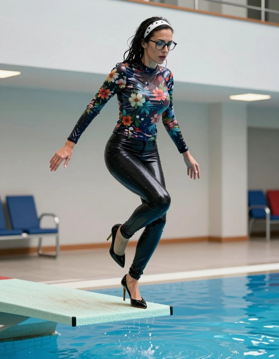 photo of young woman, in soaking wet, drenched clothes,
high-heeled shoes, shiny dark black latex skinny jeans, shiny high-neck floral t-shirt with long sleeves, jumping from the diving board into the water of the indoor pool, 
enjoying, wet clothes stuck to body,
detailed textures of the wet clothes, wet face, wet plastered hair,
wet, drenched, professional, high-quality details, full body view.
sharp focus, ultra-high pixel detail, realistic, high-quality, full colors, incredibly detailed, 4k, 8k, 16k, hyper-realistic, RAW photo, masterpiece, ultra-detailed, professionally color graded, professional photograph, european brunette skinny woman 50 years old, long dark black hair, white polka-dot headband, office glasses, very big and thick lips, complete body, wet skin, wet clothes, damp fabric, wet skin, wet clothes, damp fabric, wet skin, wet clothes, damp fabric, wet skin, wet clothes, damp fabric, wet skin, wet clothes, damp fabric, wet skin, wet clothes, damp fabric, wet skin, wet clothes, damp fabric