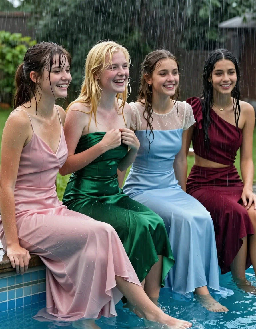photo of young woman, in soaking wet, drenched clothes,
, , right fit homecoming dress, girls sitting on the edge of a pool in the pouring rain, 
enjoying, wet clothes stuck to body,
detailed textures of the wet clothes, wet face, wet plastered hair,
wet, drenched, professional, high-quality details, full body view.
sharp focus, ultra-high pixel detail, realistic, high-quality, full colors, incredibly detailed, 4k, 8k, 16k, hyper-realistic, RAW photo, masterpiece, ultra-detailed, professionally color graded, professional photograph, 4 college girls both having fun together. All a similar age, a nineteen year old girl, with a flat and slim body, skinny body, flat and skinny chest, a She has a wide square young face but a small very skinny waist and skinny legs, a very small chest and very small breasts, she is a pale brunette with ponytail and bangs. She has a small body, She is full of youthful energy. wearing a pale pink formal satin dress with a very low v-neck. Her friend has blonde hair and large size DD breasts,a wide square face, she is wearing a strapless green satin dress she struggles to keep the top up. The third girl is 19, with brunette hair, she is wearing a short pale blue satin gown with a highish neckline and a sparkly sheer short sleeve cream undershirt. The 4th girl is brunette with a small body and thin legs, she is wearing a maroon red one shoulder aesymmetrical top  that cuts off at the midriff and a maroon skirt. all of them except the blonde girl have very small breasts. wet skin, wet clothes, damp fabric,, wet skin, wet clothes, damp fabric, wet skin, wet clothes, damp fabric, wet skin, wet clothes, damp fabric, wet skin, wet clothes, damp fabric, wet skin, wet clothes, damp fabric, wet skin, wet clothes, damp fabric, wet skin, wet clothes, damp fabric, wet skin, wet clothes, damp fabric, wet skin, wet clothes, damp fabric, wet skin, wet clothes, damp fabric