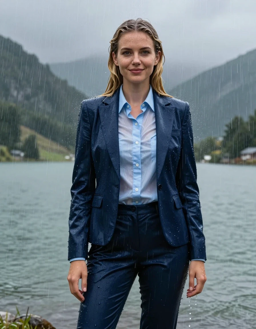 A photorealistic full-body portrait of a young European woman with long layered blonde hair in a side-parted style, standing in a mountain lake during a heavy rainstorm. She is fully clothed in a dark blue business suit, consisting of a tailored dark blue suit jacket worn over a light blue button-down long-sleeve shirt with a popped-up collar and dark blue matching business suit trousers. The woman is completely soaked and drenched by the heavy rain, her skin gleaming with water sheen and her clothes clinging tightly to her body due to total saturation. The fabric of the light blue shirt is damp and translucent, revealing texture underneath. The dark blue suit fabric is heavy with water, appearing significantly darkened with deep indigo tones, visible folds, and weighted creases. She is smiling softly with her eyes open, looking directly ahead while showering under the torrential rain. The background features a dramatic mountain lake landscape under a stormy, overcast sky. The lighting is natural and moody, emphasizing the wet textures of her skin, the clinging fabric, and the cascading rainwater. 4k resolution, high-detail photographic realism, sharp focus on subject, cinematic composition.