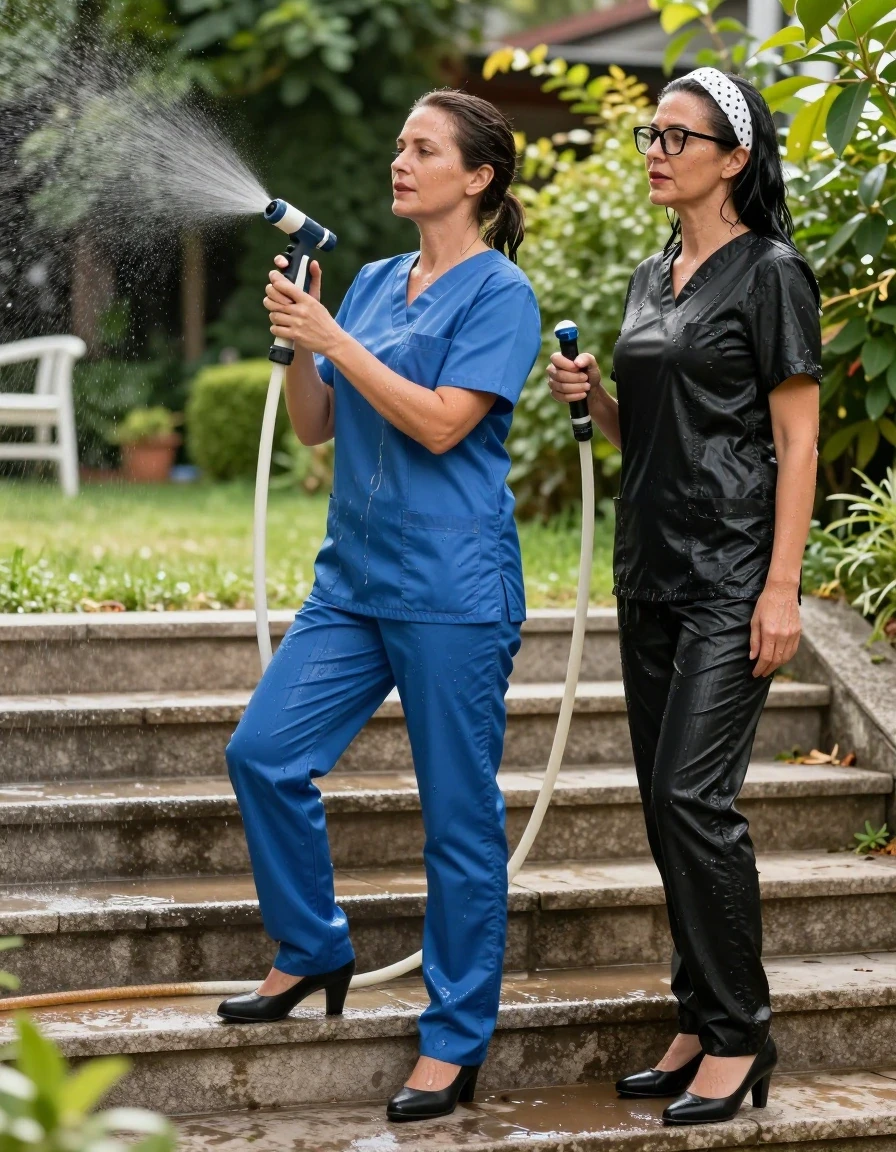 photo of young woman, in soaking wet, drenched clothes,
high-heeled shoes, blue shiny scrubs, black shiny scrubs, on the sunny garden stairs, spraying with the hose, after bath , 
enjoying, wet clothes stuck to body,
detailed textures of the wet clothes, wet face, wet plastered hair,
wet, drenched, professional, high-quality details, full body view.
sharp focus, ultra-high pixel detail, realistic, high-quality, full colors, incredibly detailed, 4k, 8k, 16k, hyper-realistic, RAW photo, masterpiece, ultra-detailed, professionally color graded, professional photograph, two europen brunette skinny twi sisters women 50 years old, long dark black hair, white polka-dot headband, office glasses, very big and thick lips, complete body, wet skin, wet clothes, damp fabric, wet skin, wet clothes, damp fabric, wet skin, wet clothes, damp fabric, wet skin, wet clothes, damp fabric, wet skin, wet clothes, damp fabric, wet skin, wet clothes, damp fabric, wet skin, wet clothes, damp fabric