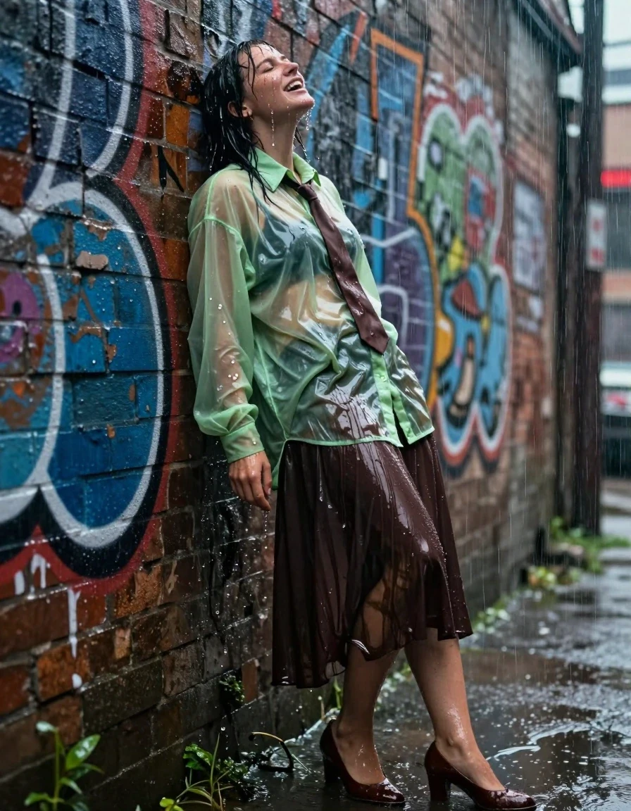 A photorealistic medium shot of a young adult European woman leaning against a graffiti-stained brick wall in a narrow urban alley during a heavy rainstorm. She is wearing an oversized sports jacket layered over an oversized, light green transparent long-sleeved shirt, with a brown necktie visible at the collar. Her floor-length dark brown skirt and sheer stockings are completely drenched, clinging to her legs with heavy, water-saturated fabric folds and a distinct glossy sheen. She is wearing brown court shoes. The rain is pouring down, creating a heavy wet look on her skin and hair, with water cascading down her face and clothing. Her expression is one of intense, blissful release, caught in the throes of an orgasm triggered by the sensation of the cold rain. The scene is strictly wet with no mud present. Cinematic lighting captures the specular reflections of the rain on the slick surfaces, high-detail water droplets, realistic skin texture, and deep, saturated tones of the soaked garments.