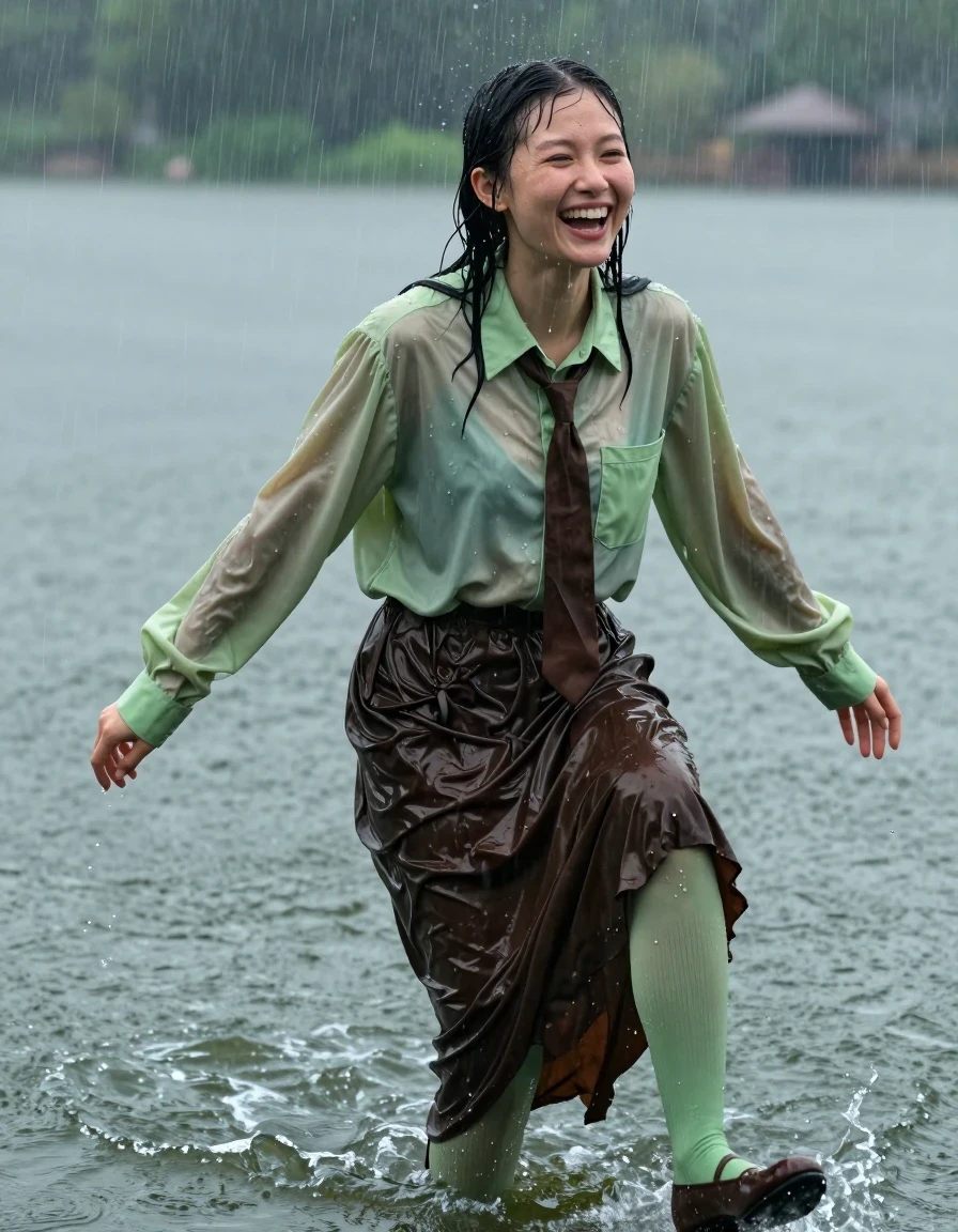 A photorealistic medium shot of a young adult European woman laughing joyfully while swimming in a lake during a heavy rainstorm. She is wearing an oversized light green long-sleeved shirt with a brown necktie, paired with a dark brown floor-length skirt and light green stockings, finished with brown court shoes. Her skin and hair are glistening with water, and her clothes are visibly soaked, showing heavy, damp fabric that clings to her form with realistic weight and deep, darkened color saturation. The fabric displays obvious water-saturated folds and textures, with a distinct sheen from the rain and lake water. She is captured in a candid, high-energy moment of pure enjoyment, with raindrops creating ripples on the lake surface around her. Cinematic lighting, sharp focus on the wet textures and joyful expression, 8k resolution, highly detailed skin pores and water droplets, realistic photographic style.