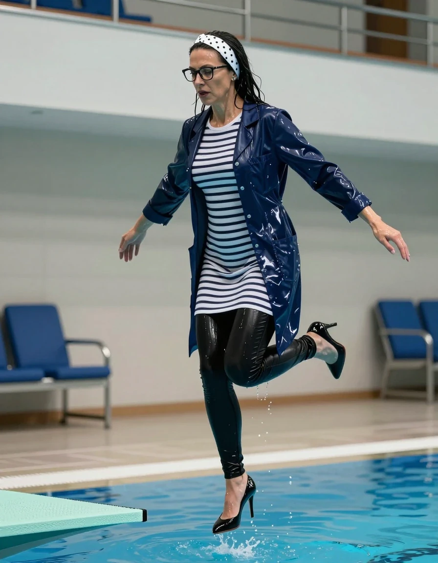 photo of young woman, in soaking wet, drenched clothes,
high-heeled shoes, long black shiny tight jeans, long shiny white & black striped t-shirt dress with long sleeves, dark blue shiny labcoat, jumping from the diving board into the water of the indoor pool, 
enjoying, wet clothes stuck to body,
detailed textures of the wet clothes, wet face, wet plastered hair,
wet, drenched, professional, high-quality details, full body view.
sharp focus, ultra-high pixel detail, realistic, high-quality, full colors, incredibly detailed, 4k, 8k, 16k, hyper-realistic, RAW photo, masterpiece, ultra-detailed, professionally color graded, professional photograph, europen brunette skinny woman 50 years old, long dark black hair, white polka-dot headband, office glasses, very big and thick lips, complete body, wet skin, wet clothes, damp fabric, wet skin, wet clothes, damp fabric, wet skin, wet clothes, damp fabric, wet skin, wet clothes, damp fabric, wet skin, wet clothes, damp fabric, wet skin, wet clothes, damp fabric, wet skin, wet clothes, damp fabric