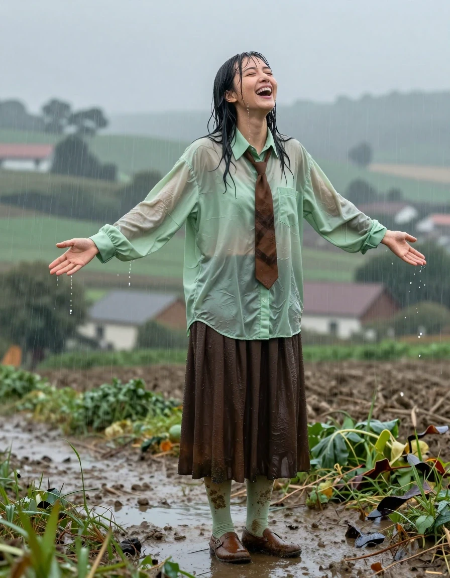 photo of young woman, in soaking wet, drenched clothes,
muddy brown court shoes, dark brown floor-length skirt, muddy light green stockings, oversized light green long-sleeved shirt, brown necktie, village fields during rainstorm, 
enjoying, wet clothes stuck to body,
detailed textures of the wet clothes, wet face, wet plastered hair,
wet, drenched, professional, high-quality details, full body view.
sharp focus, ultra-high pixel detail, realistic, high-quality, full colors, incredibly detailed, 4k, 8k, 16k, hyper-realistic, RAW photo, masterpiece, ultra-detailed, professionally color graded, professional photograph, standing in the rain with open arms, laughing joyfully, enjoying the rain, wet skin, wet clothes, damp fabric, wet skin, wet clothes, damp fabric