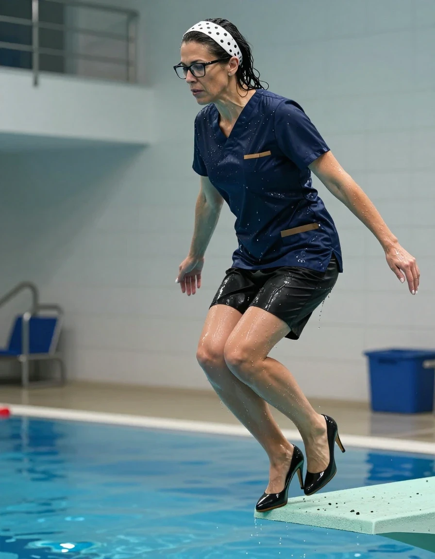 photo of young woman, in soaking wet, drenched clothes,
high-heeled shoes, dark blue shiny scrubs with black skirt, dark blue shiny scrubs with black skirt, jumping from the diving board into the water of the indoor pool, 
enjoying, wet clothes stuck to body,
detailed textures of the wet clothes, wet face, wet plastered hair,
wet, drenched, professional, high-quality details, full body view.
sharp focus, ultra-high pixel detail, realistic, high-quality, full colors, incredibly detailed, 4k, 8k, 16k, hyper-realistic, RAW photo, masterpiece, ultra-detailed, professionally color graded, professional photograph, europen brunette skinny woman 50 years old, long dark black hair, white polka-dot headband, office glasses, very big and thick lips, complete body, wet skin, wet clothes, damp fabric, wet skin, wet clothes, damp fabric, wet skin, wet clothes, damp fabric, wet skin, wet clothes, damp fabric, wet skin, wet clothes, damp fabric, wet skin, wet clothes, damp fabric, wet skin, wet clothes, damp fabric