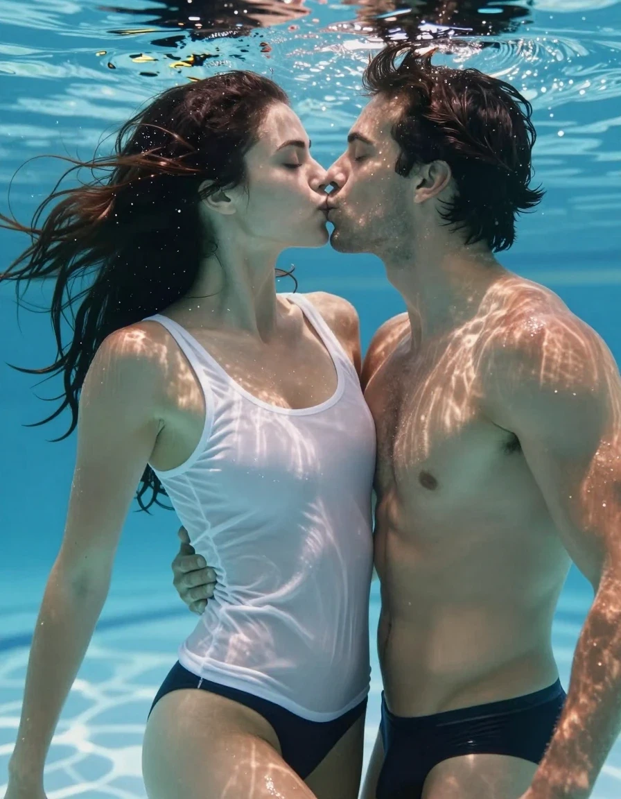 A photorealistic cinematic shot of a young adult European woman with tanned brown skin, captured underwater in an indoor swimming pool. She is topless, wearing a soaking-wet, translucent white tank top that clings to her body, and a black thong. Her hair is extremely wet, dark, and matted, sticking to her face and scalp with realistic underwater movement. She is positioned directly in front of a man, kissing him in a lascivious, exotic, and seductive manner, with her lips pressed against his. The scene captures the interaction underwater with other people swimming in the blurred background. The lighting is bright and diffuse, creating strong glossy specular reflections on her wet skin and the sheer, water-saturated fabric of the tank top. Sharp focus on the subjects, highly detailed textures of wet skin and hair, hyper-realistic water caustics, cinematic composition, 8k resolution, professional photography.