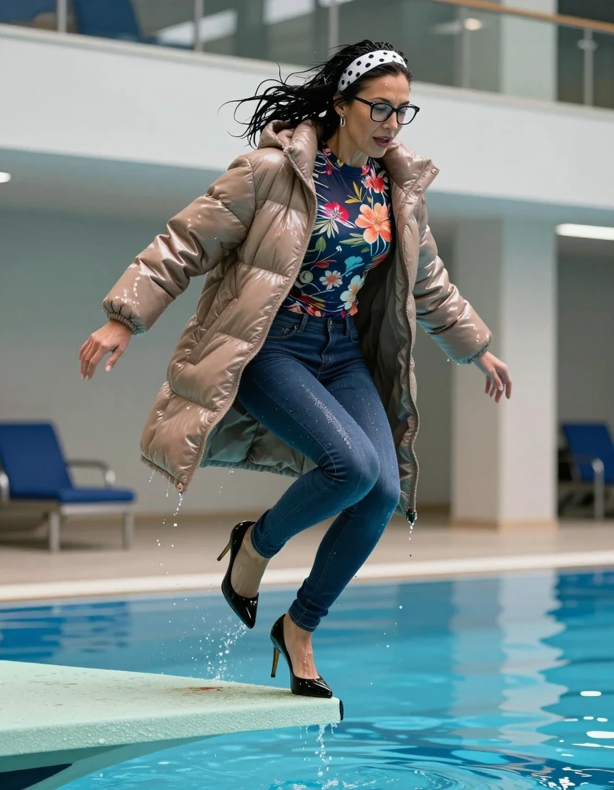 photo of young woman, in soaking wet, drenched clothes,
high-heeled shoes, shiny dark blue skinny jeans, shiny high-neck floral t-shirt with long sleeves, maxi light brown shiny down jacket, jumping from the diving board into the water of the indoor pool, 
enjoying, wet clothes stuck to body,
detailed textures of the wet clothes, wet face, wet plastered hair,
wet, drenched, professional, high-quality details, full body view.
sharp focus, ultra-high pixel detail, realistic, high-quality, full colors, incredibly detailed, 4k, 8k, 16k, hyper-realistic, RAW photo, masterpiece, ultra-detailed, professionally color graded, professional photograph, european brunette skinny woman 50 years old, long dark black hair, white polka-dot headband, office glasses, very big and thick lips, complete body, wet skin, wet clothes, damp fabric, wet skin, wet clothes, damp fabric, wet skin, wet clothes, damp fabric, wet skin, wet clothes, damp fabric, wet skin, wet clothes, damp fabric, wet skin, wet clothes, damp fabric, wet skin, wet clothes, damp fabric