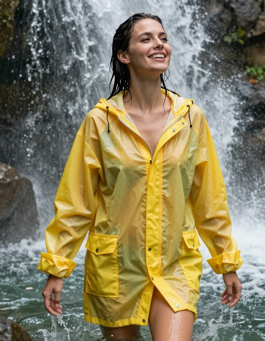 photo of young woman, in soaking wet, drenched clothes,
No socks , No underwear , Bright yellow see  through Oversized ultra light weight latex rainjacket zipped up. , In the over flowing waterfall tub soaking wet  emerging from beneath the water. , 
enjoying, wet clothes stuck to body,
detailed textures of the wet clothes, wet face, wet plastered hair,
wet, drenched, professional, high-quality details, full body view.
sharp focus, ultra-high pixel detail, realistic, high-quality, full colors, incredibly detailed, 4k, 8k, 16k, hyper-realistic, RAW photo, masterpiece, ultra-detailed, professionally color graded, professional photograph, Her black  hair is soaking wet and dripping with water. Her hair slicked back.  Her clothes are soaking wet and cling to her completely nude form. She's very aroused and happy, wet skin, wet clothes, damp fabric, wet skin, wet clothes, damp fabric