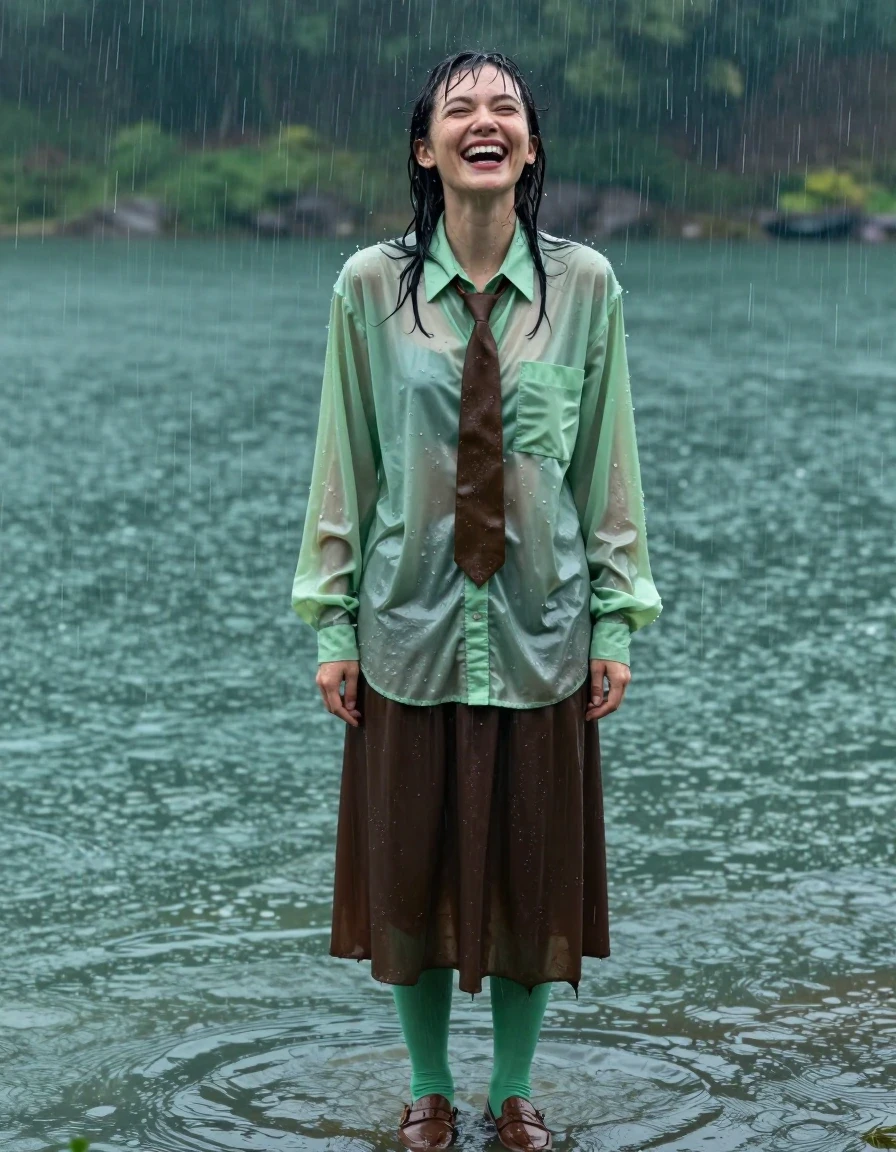 A photorealistic medium shot of a young adult European woman with wet, rain-slicked hair and skin, standing waist-deep in a crystal-clear lake during a heavy rainstorm. She is wearing an oversized light green long-sleeved shirt that is drenched and clinging to her frame, paired with a dark brown floor-length skirt that is heavy with water, clinging to her submerged legs, and light green stockings visible beneath the water's surface. She wears a brown necktie and brown court shoes. The fabrics are visibly soaked, showing deep color saturation, heavy wet folds, and dark, water-saturated patches where the material is heaviest. She is laughing joyfully, head tilted back, clearly enjoying the rain. The environment features rippling water, rain streaks through the air, and a moody, atmospheric lighting that highlights the glossy sheen of the wet clothing and skin. Shot on 35mm lens, high-speed photography, sharp focus on the subject's expressive face and wet textures.