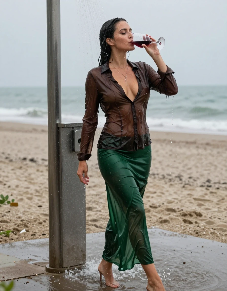 photo of young woman, in soaking wet, drenched clothes,
high-heels, see-through green satin silk slim floor-length skirt, tranparent, dark brown silk blouse, no underwear, stand in the water of a shower at the beach, 
enjoying, wet clothes stuck to body,
detailed textures of the wet clothes, wet face, wet plastered hair,
wet, drenched, professional, high-quality details, full body view.
sharp focus, ultra-high pixel detail, realistic, high-quality, full colors, incredibly detailed, 4k, 8k, 16k, hyper-realistic, RAW photo, masterpiece, ultra-detailed, professionally color graded, professional photograph, heavy rain, completely soaked, drenched, dripping wet, visible breasts, drinking a glass of red wine, wet skin, wet clothes, damp fabric