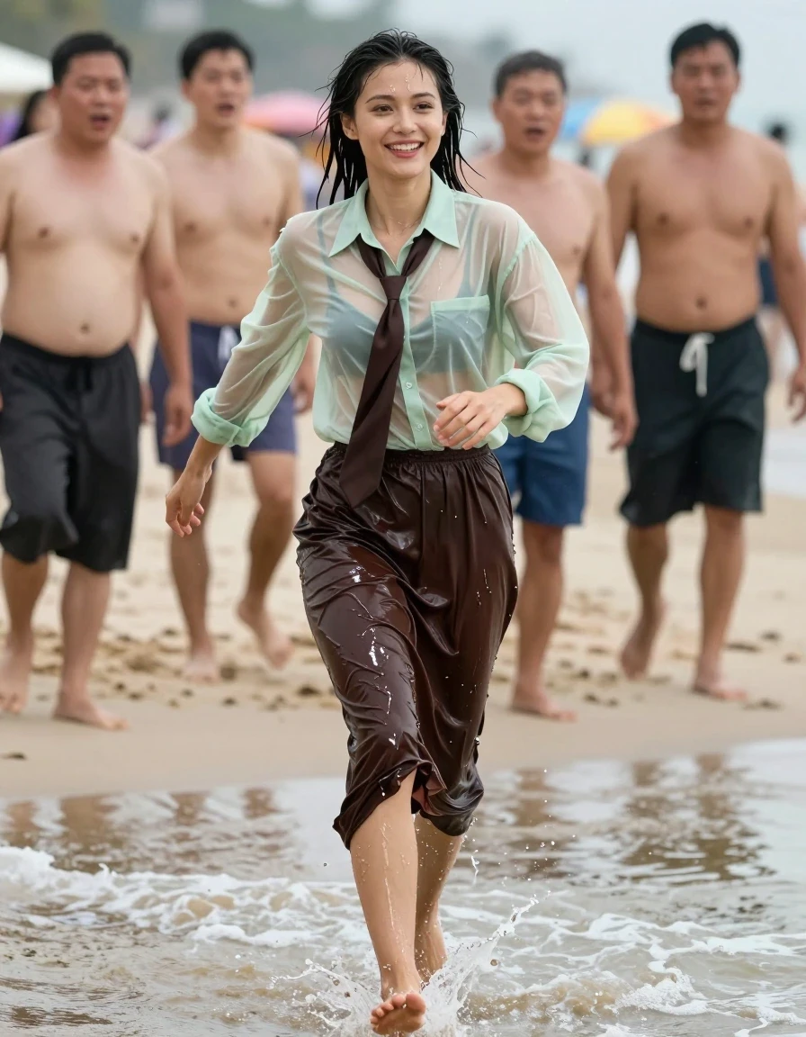 A photorealistic, full-body shot of a young adult European woman joyfully fleeing across a sandy beach, her skin and hair glistening with ocean water. She is wearing an oversized, light green transparent long-sleeved shirt that is soaking wet, clinging to her frame and revealing the dark brown necktie underneath. She wears a dark brown floor-length skirt, heavy with seawater, clinging to her legs and showing deep, saturated folds and textures. Beneath the skirt, her legs feature ripped stockings, with the fabric torn and saturated with water. The subject has a radiant, happy expression as she runs, while background beachgoers turn their heads to stare at her in surprise. The scene is captured with natural, bright daylight, highlighting the glossy sheen of the wet fabric and skin, with realistic water weight and texture throughout her clothing. Sharp focus, high-speed photography, cinematic lighting, ultra-detailed fabric textures, realistic ocean spray.