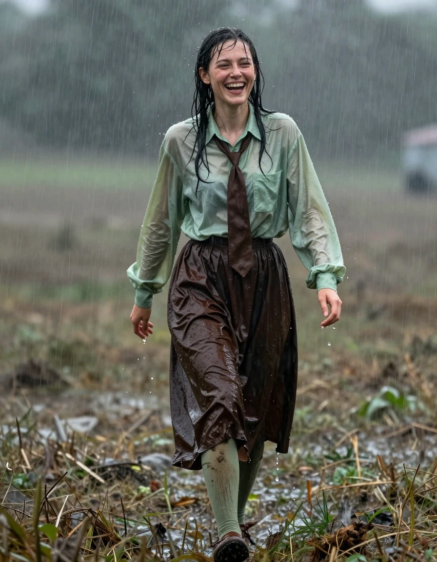 A photorealistic full-body shot of a young adult European woman with wet skin and damp, rain-slicked hair, walking joyfully through an empty field during a heavy rainstorm. She is wearing an oversized light green long-sleeved shirt with a brown necktie, paired with a dark brown floor-length skirt and muddy light green stockings. On her feet are muddy brown court shoes. Her clothing is heavily soaked, showing realistic wetness with dark, saturated fabric, heavy clinging folds, and visible water sheen. She is laughing joyfully, her expression radiant as she enjoys the downpour. The environment features a desolate, rain-swept field under a dark, overcast sky. The lighting is natural and moody, highlighting the water droplets clinging to her skin and the deep, damp textures of her clothing. High-resolution, 8k, highly detailed, cinematic photography, sharp focus on subject, realistic rain effects, wet fabric physics.