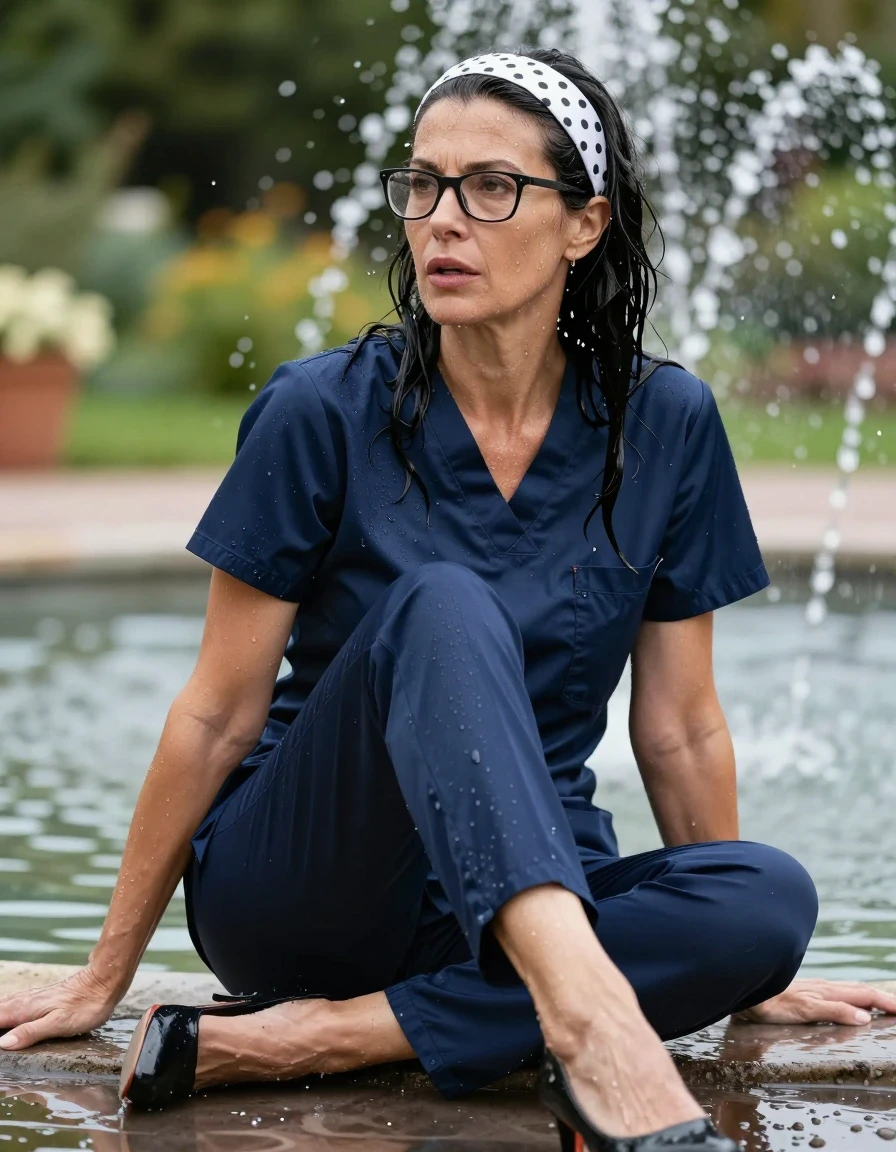 photo of young woman, in soaking wet, drenched clothes,
high-heeled shoes, dark blue shiny scrubs, dark blue shiny scrubs, sitting in water in the sunny garden fountain, after bath , 
enjoying, wet clothes stuck to body,
detailed textures of the wet clothes, wet face, wet plastered hair,
wet, drenched, professional, high-quality details, full body view.
sharp focus, ultra-high pixel detail, realistic, high-quality, full colors, incredibly detailed, 4k, 8k, 16k, hyper-realistic, RAW photo, masterpiece, ultra-detailed, professionally color graded, professional photograph, europen brunette skinny woman 50 years old, long dark black hair, white polka-dot headband, office glasses, very big and thick lips, complete body, wet skin, wet clothes, damp fabric, wet skin, wet clothes, damp fabric, wet skin, wet clothes, damp fabric, wet skin, wet clothes, damp fabric, wet skin, wet clothes, damp fabric, wet skin, wet clothes, damp fabric, wet skin, wet clothes, damp fabric