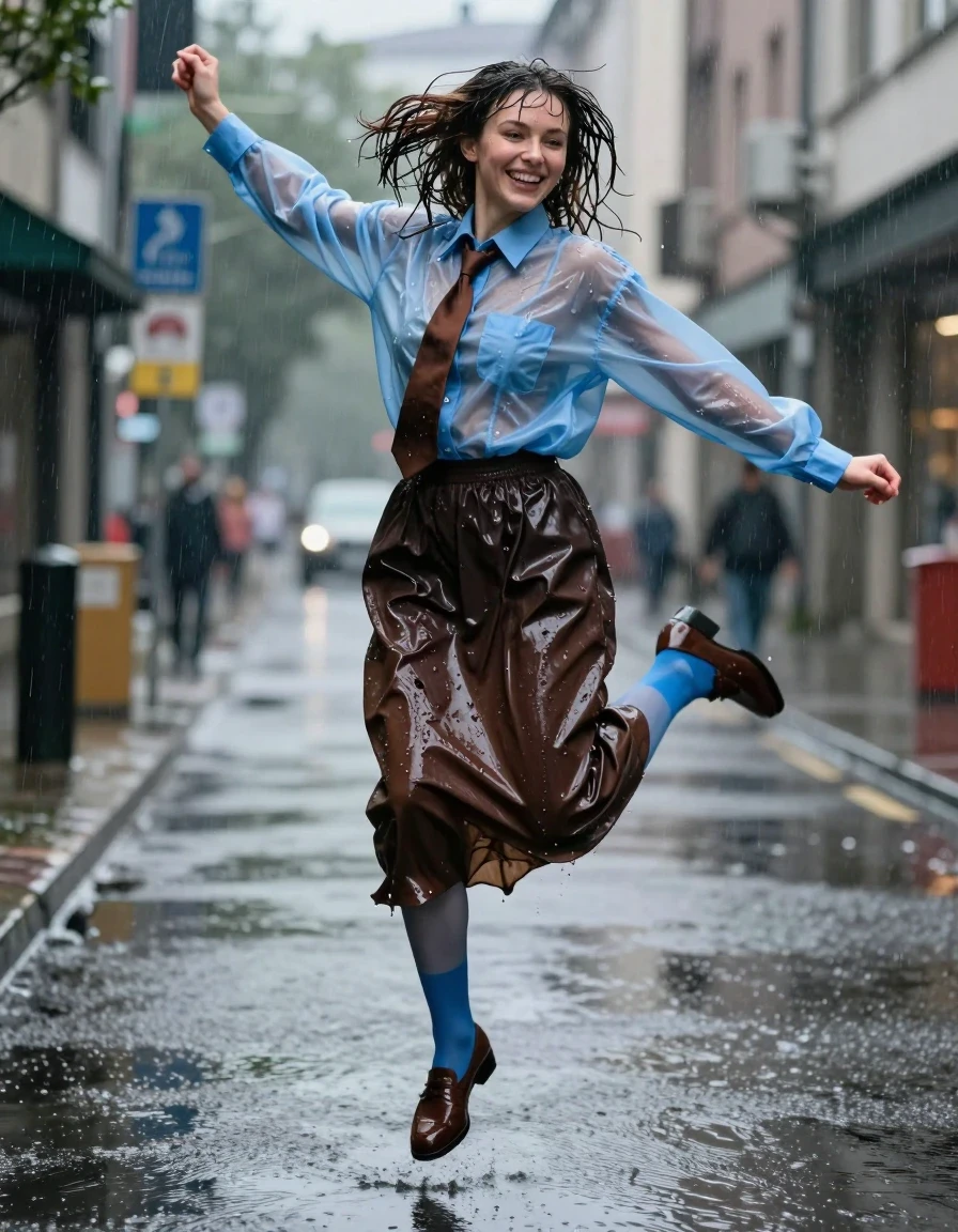 A photorealistic full-body shot of a joyful young adult European woman jumping mid-air on a city street during a heavy rainstorm. She is wearing an oversized light blue transparent long-sleeved shirt that is soaking wet, clinging to her skin with heavy water-saturated folds and high-sheen specular reflections, layered over a brown necktie. She is wearing a dark brown floor-length skirt that is drenched and heavy with water, showing deep, saturated color variations and dark wet patches where the fabric clings to her legs. Beneath the skirt, blue stockings are visible, appearing slick and translucent from the rain. She wears brown court shoes, dark and glistening with water. Her hair is plastered to her face and shoulders, strands dripping with rainwater. Her expression is one of pure happiness and excitement. The street environment is wet, with reflective puddles and raindrops captured in the air. The lighting is cinematic, highlighting the water droplets, the wet sheen on her skin, and the realistic textures of the soaked garments. High-resolution photography, 8k, detailed skin texture, realistic wet-look, sharp focus on the subject in motion.
