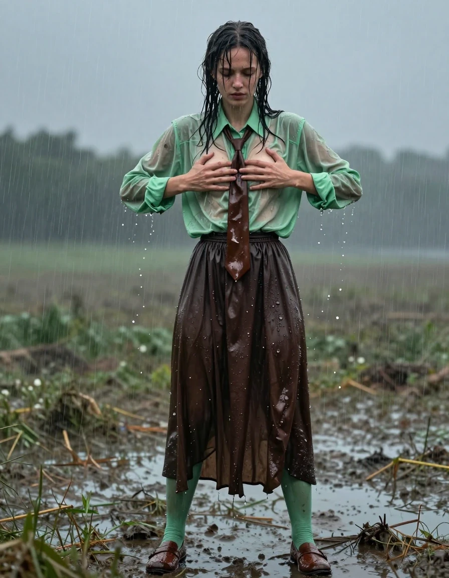 A photorealistic medium shot of a young adult European woman with wet, rain-slicked hair and skin, standing in empty fields during a torrential rainstorm. She is wearing an oversized light green long-sleeved shirt that is heavily soaked and clinging to her body, paired with a dark brown floor-length skirt and light green stockings underneath, all showing realistic water saturation, darkening of fabric, and heavy, clinging folds. A brown necktie is knotted at her collar, glistening with rainwater. She is posing with her hands massaging her breasts, her skin showing a natural, wet sheen. Her feet are clad in brown court shoes, caked with mud and glistening with water. The environment features a moody, overcast sky with heavy rain streaks, creating a high-contrast atmosphere with strong specular highlights on her wet clothing and skin. The image is captured with sharp focus on textures, emphasizing the weight and translucency of the water-drenched fabric, cinematic lighting, 8k resolution, highly detailed skin pores and water droplets.