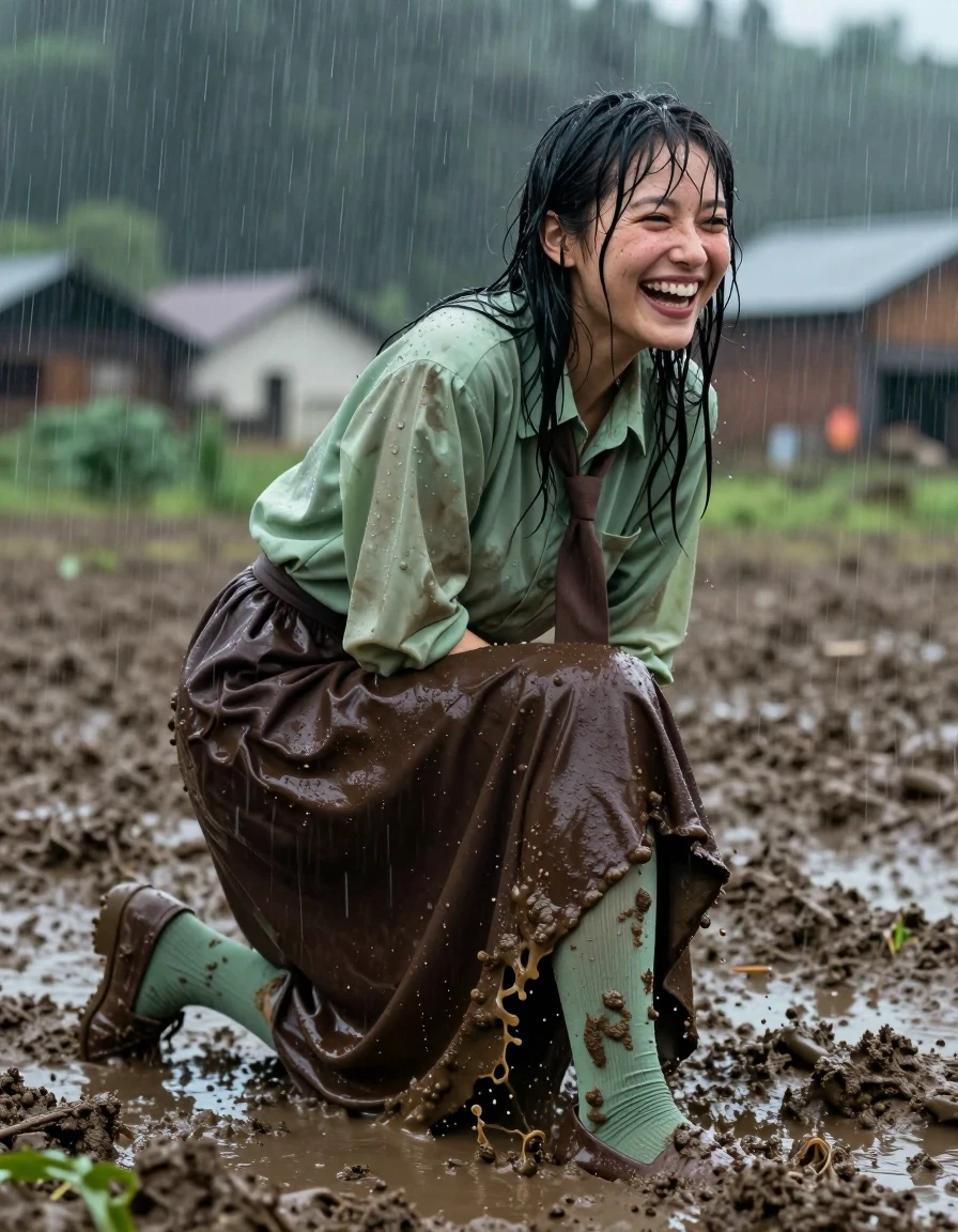 A photorealistic medium shot of a young adult European woman with wet, rain-slicked hair and skin, positioned in muddy village fields during a heavy rainstorm. She is wearing an oversized light green long-sleeved shirt with a brown necktie, paired with a dark brown floor-length skirt and muddy light green stockings, with muddy brown court shoes visible. The clothing is heavily saturated by the rain, showing deep, dark tones, clingy fabric folds, and a prominent water sheen. She is captured in a post-orgasmic state, laughing with a genuine, blissful expression, as she sinks to her knees in the thick, wet mud, with mud splashing onto her stockings and skirt. The environment is dark and atmospheric with heavy rainfall, soft natural lighting highlighting the water droplets on her skin and the glossy surface of the mud, high-resolution textures, hyper-realistic wet-look finish, cinematic depth of field.