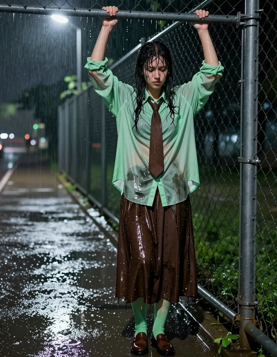 A photorealistic full-body shot of a young adult European woman climbing under a chain-link fence in a park during a heavy night rainstorm. She is wearing an oversized light green long-sleeved shirt that is heavily soaked, clinging to her skin with dark, water-saturated patches and heavy wet folds, paired with a brown necktie. Her legs are clad in light green stockings that are translucent and dripping wet, visible beneath a dark brown floor-length skirt that is completely water-logged, heavy with moisture, and clinging to her legs with deep, dark, unevenly soaked fabric textures. She wears brown court shoes, slick with rain and reflecting the dim park lights. Her hair is plastered to her face and shoulders, strands glistening with heavy water droplets. The scene is illuminated by harsh, cold streetlights reflecting off the wet pavement and the rain-slicked metal of the fence. High-contrast cinematic lighting, hyper-realistic wet textures, skin glistening with rain, water sheen on all surfaces, detailed fabric weight, 8k resolution, captured on 35mm lens, moody atmospheric rain environment.